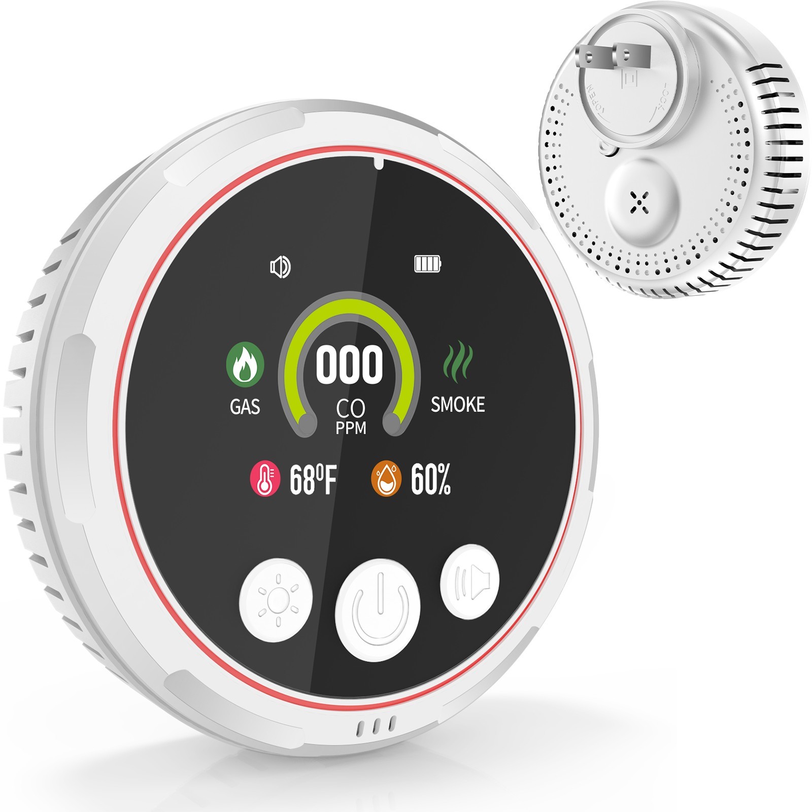 5-in-1 CO, Smoke & Gas Detector, Plug-in with Battery Backup for Home and Travel 5-in-1 CO, Smoke & Gas Detector, Plug-in with Battery Backup for Home and Travel