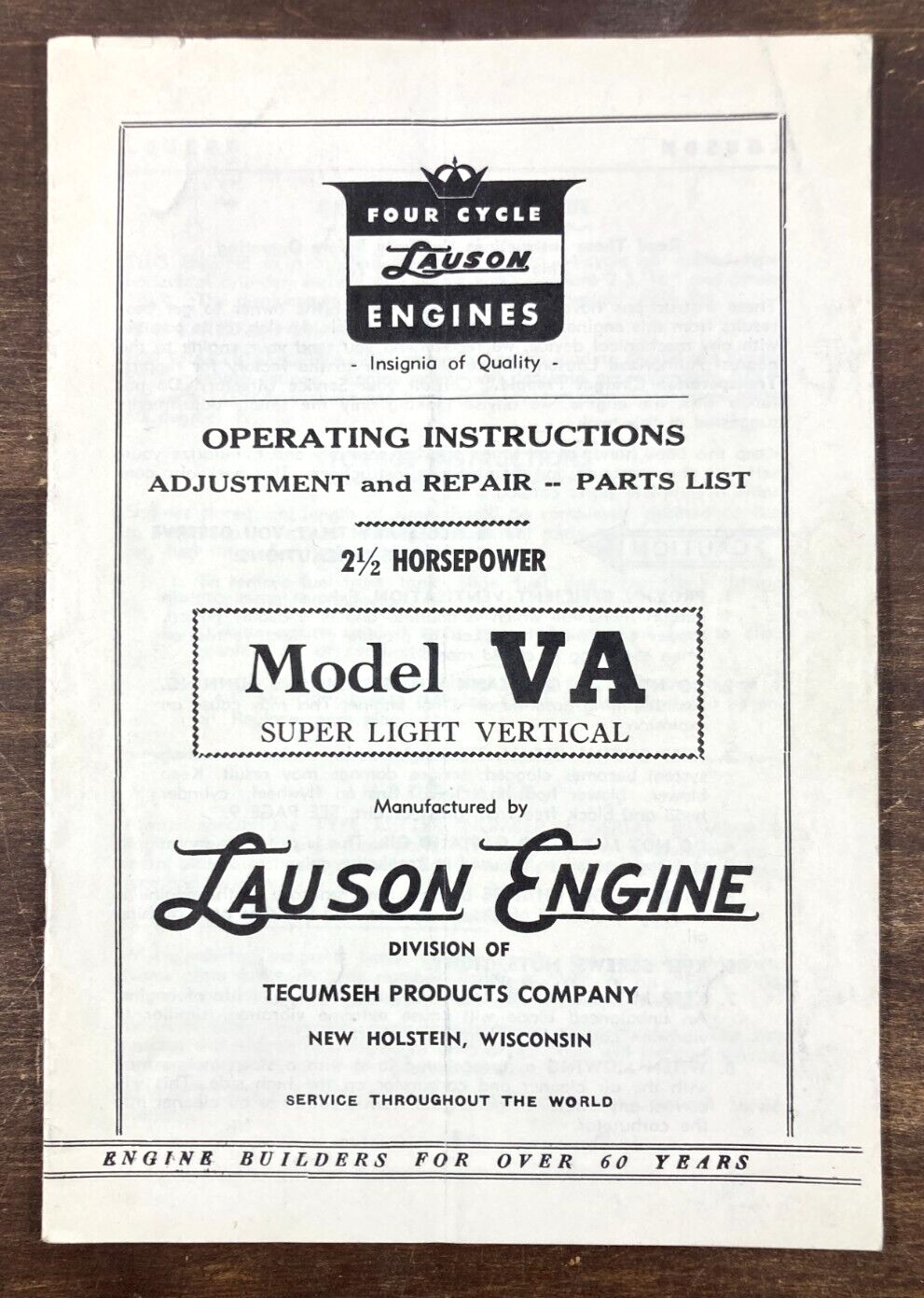 Lauson Model VA Four Cycle Engine 1950's Manual Parts List Tecumseh Vintage Lauson Model VA Four Cycle Engine 1950's Manual Parts List Tecumseh Vintage