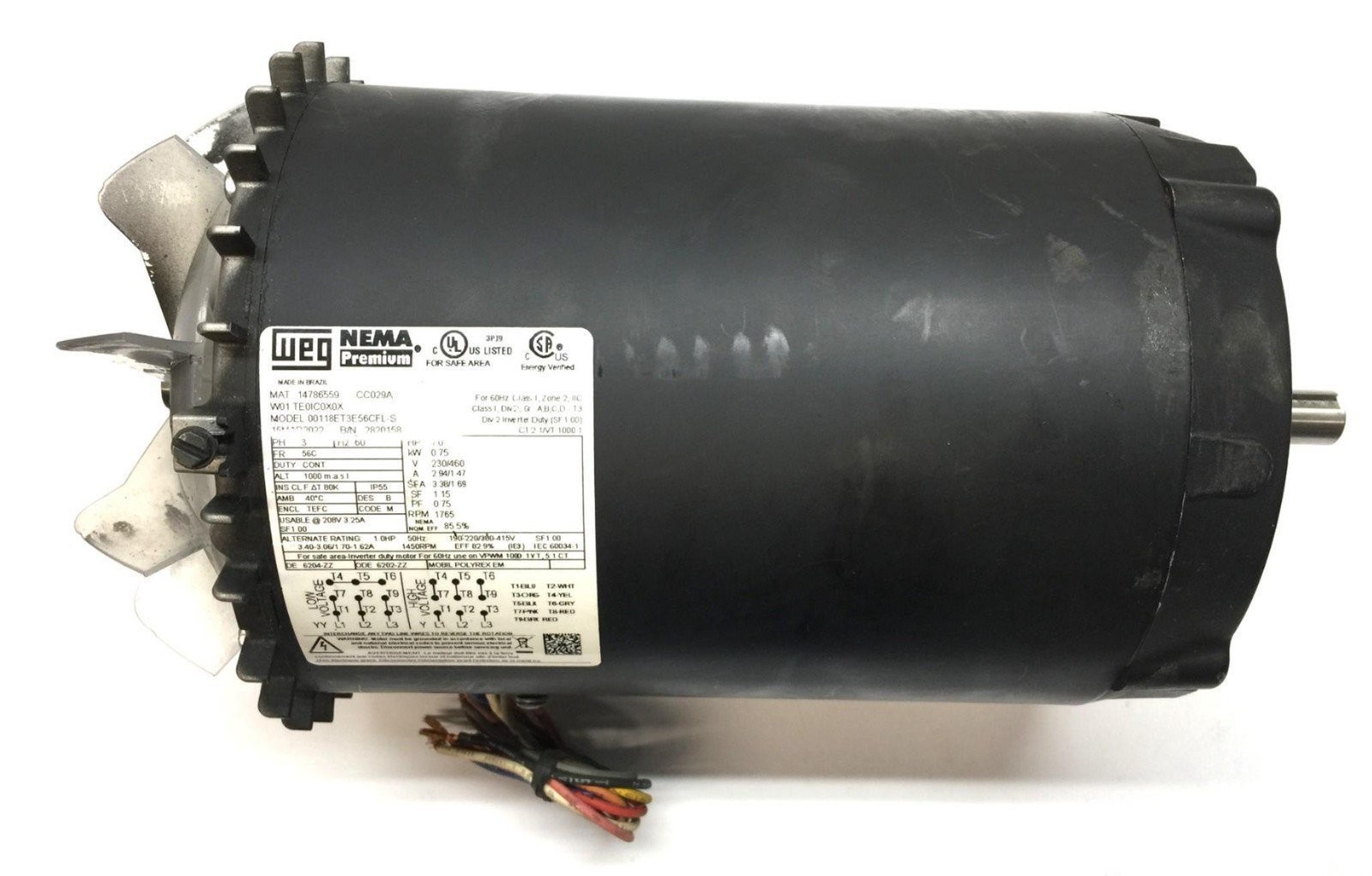 WEG NEMA Premium 230/460 General Purpose 1765-RPM Motor 00118ET3E56CFL-S USED WEG NEMA Premium 230/460 General Purpose 1765-RPM Motor 00118ET3E56CFL-S USED