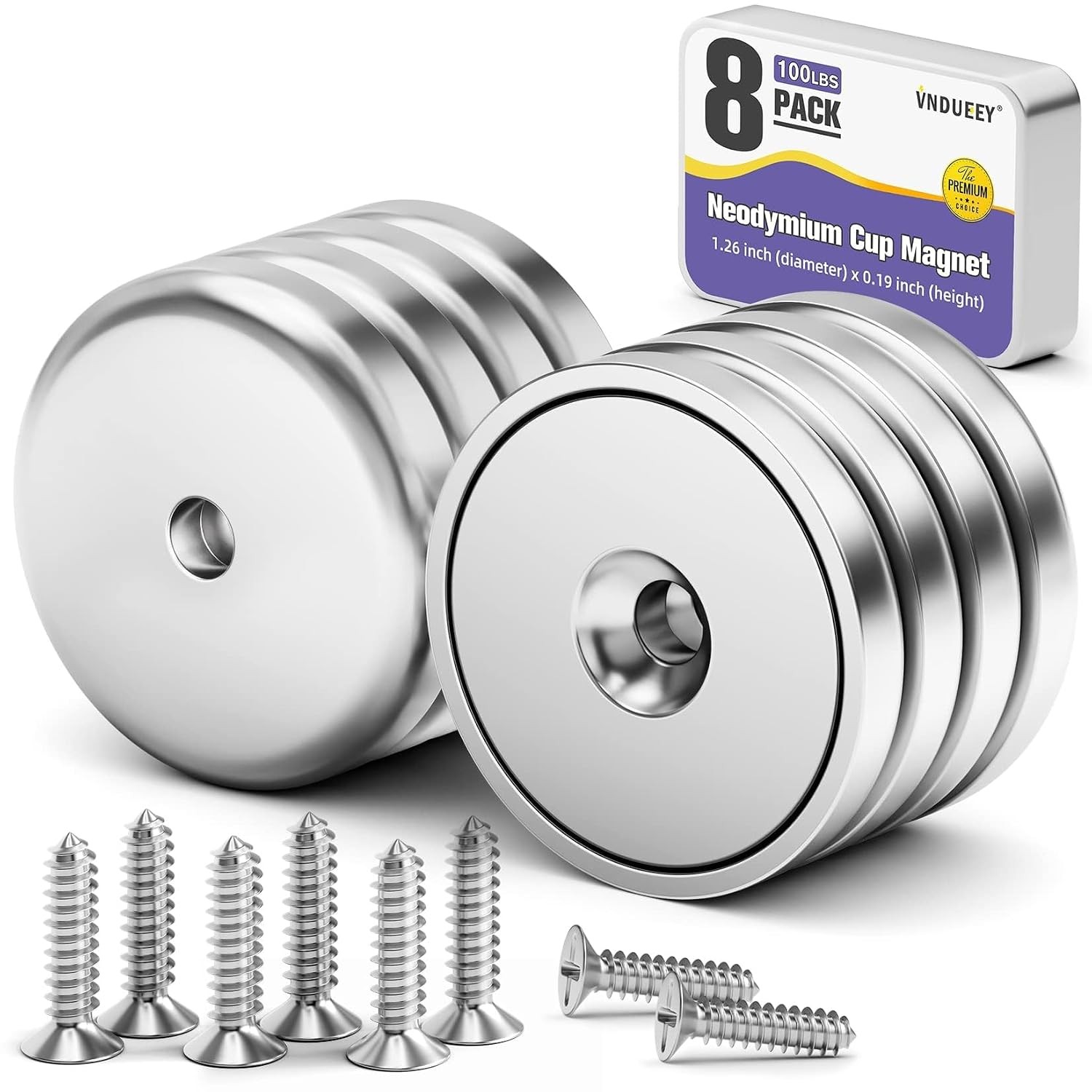 8 Pack 100 LBS Strong Neodymium Cup Magnets with Holes and Screws