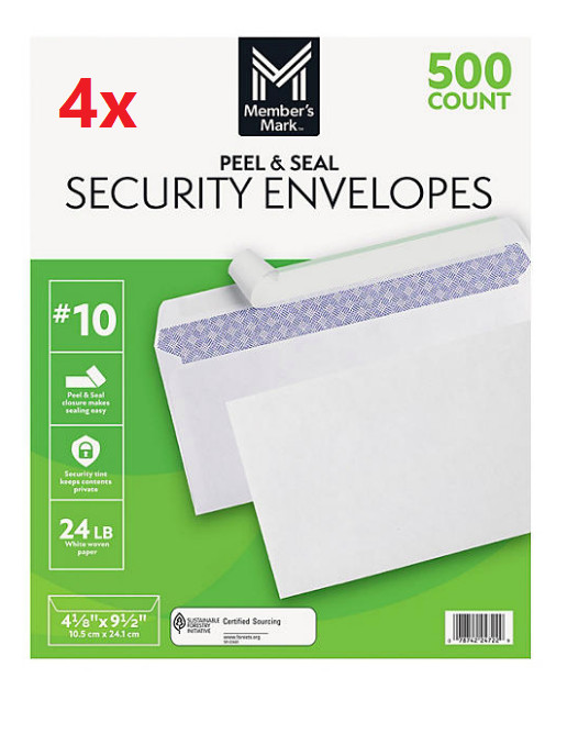 (4-Pk) Member's Mark Security Envelope #10, Peel and Seal (2000 ct.) - BRAND NEW (4-Pk) Member's Mark Security Envelope #10, Peel and Seal (2000 ct.) - BRAND NEW