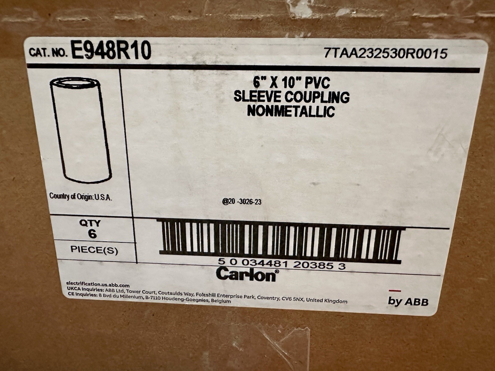 Box of 6 Carlon E948R10 6” X 10” PVC Sleeve Coupling - 