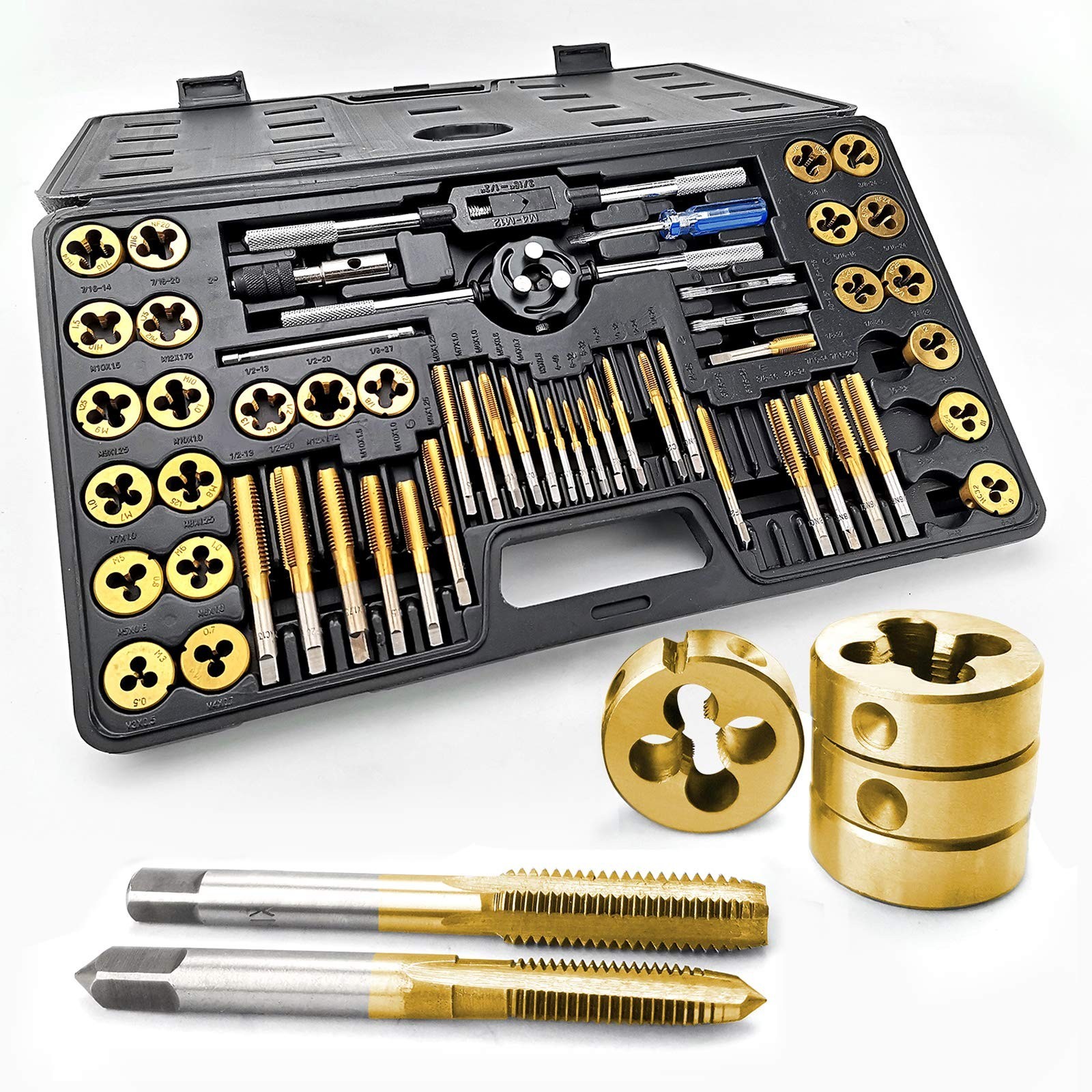 60PCS Metric&SAE Tap and Die Set, Titanium Coated GCr15 Bearing Steel with T-... 60PCS Metric&SAE Tap and Die Set, Titanium Coated GCr15 Bearing Steel with T-...