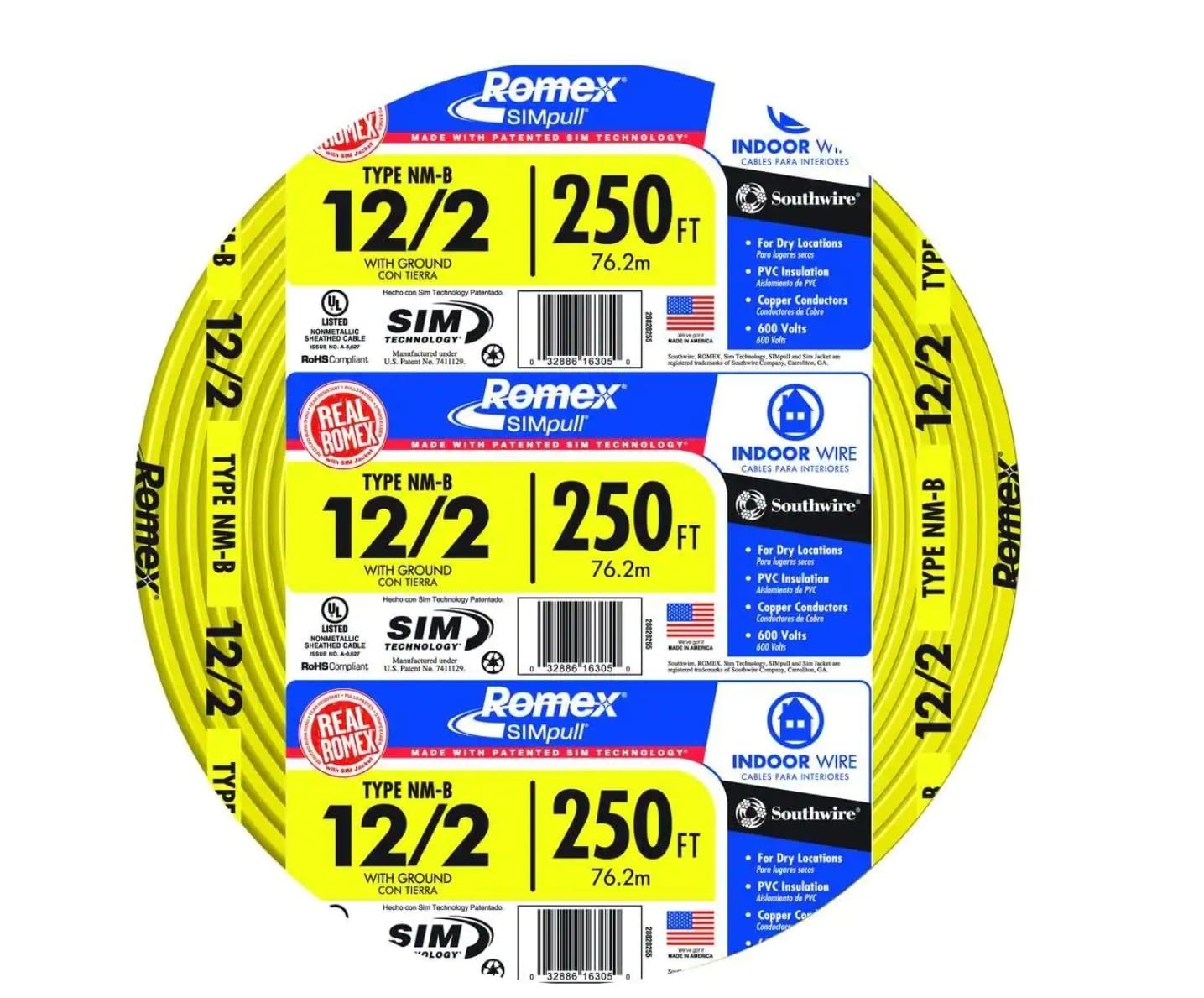 Southwire 28828255 250 ft. 12/2 Solid Romex SIMpull CU NM-B W/G Conductor Cable Southwire 28828255 250 ft. 12/2 Solid Romex SIMpull CU NM-B W/G Conductor Cable