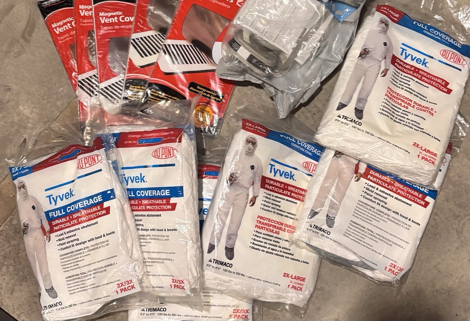 Dupont Tyvek Trimaco Full Coverage Coverall Size 2X/3X Mask Vent Cover Lot Dupont Tyvek Trimaco Full Coverage Coverall Size 2X/3X Mask Vent Cover Lot