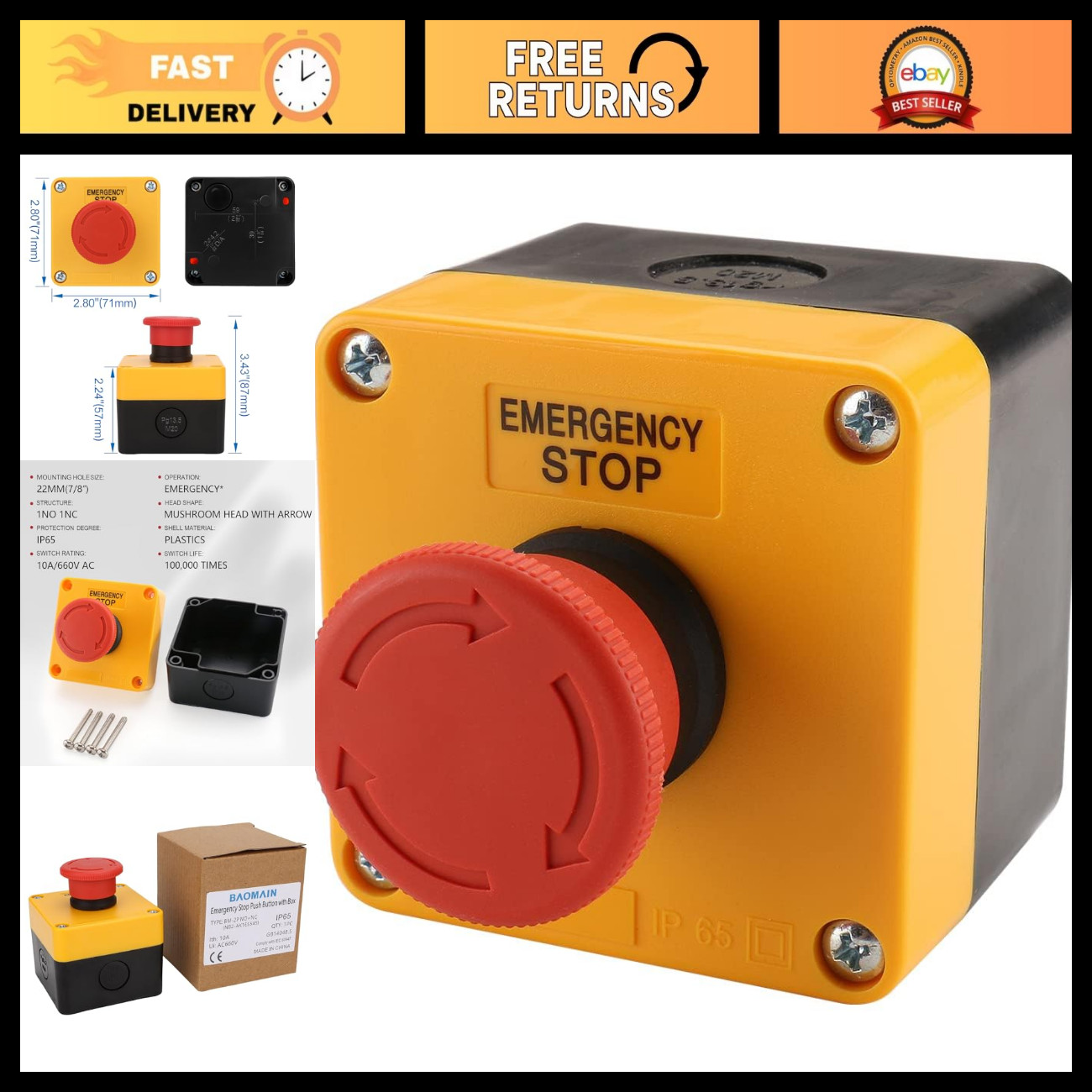 10-Pack Red E-Stop Buttons, 1NO1NC Waterproof Emergency Stop Switch, 660V 10A