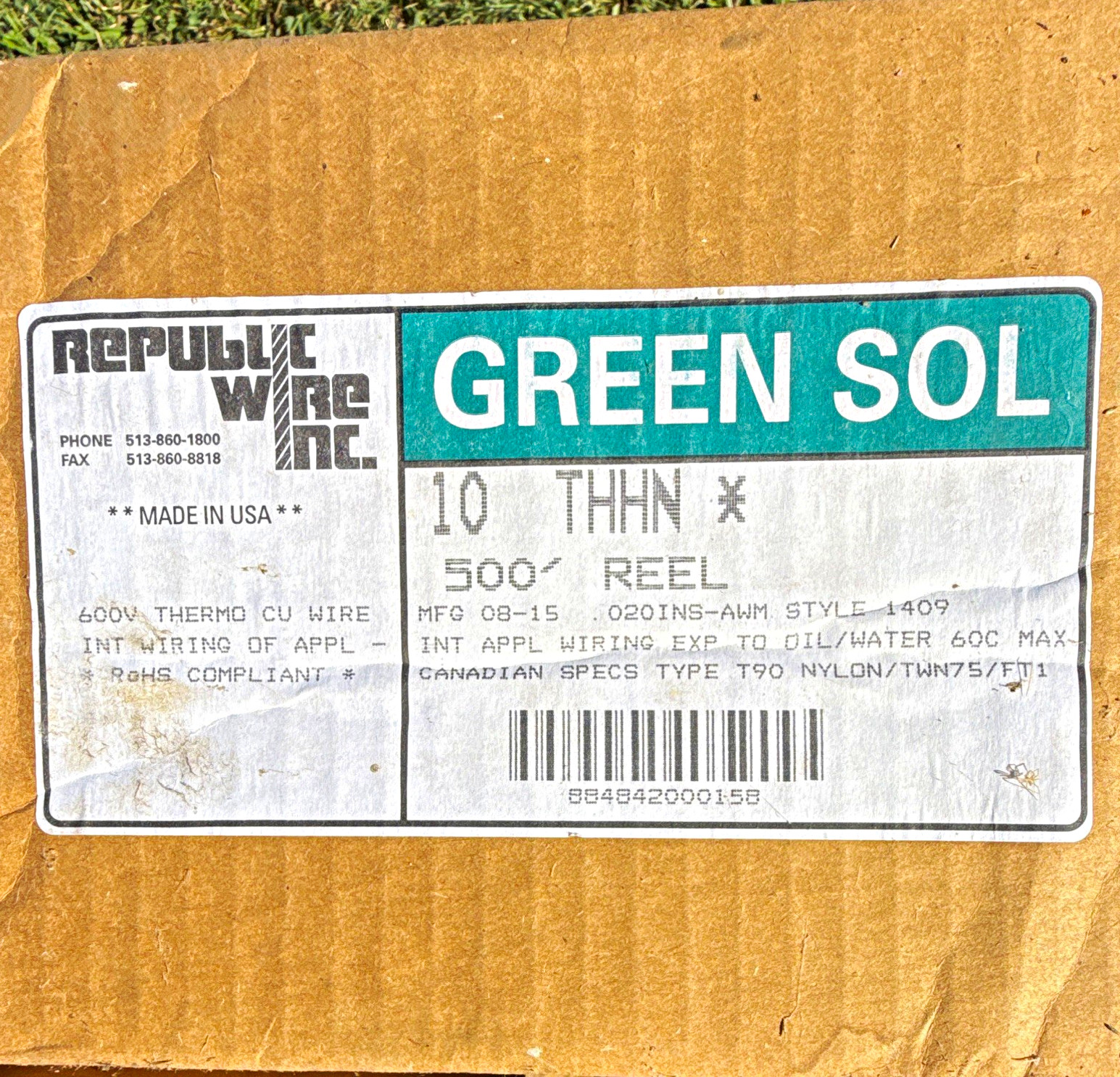 Republic Wire 10 AWG Solid Copper THHN Green Wire 500 ft Spool