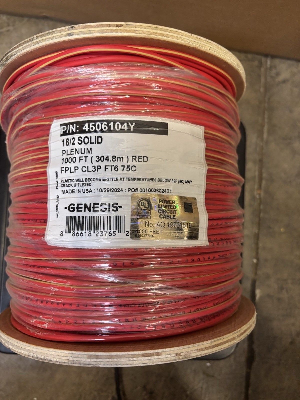 Honeywell 4506104Y Genesis 18/2 Plenum 1000\' Red 18AWG Solid Copper FPLP CL3P Honeywell 4506104Y Genesis 18/2 Plenum 1000\' Red 18AWG Solid Copper FPLP CL3P