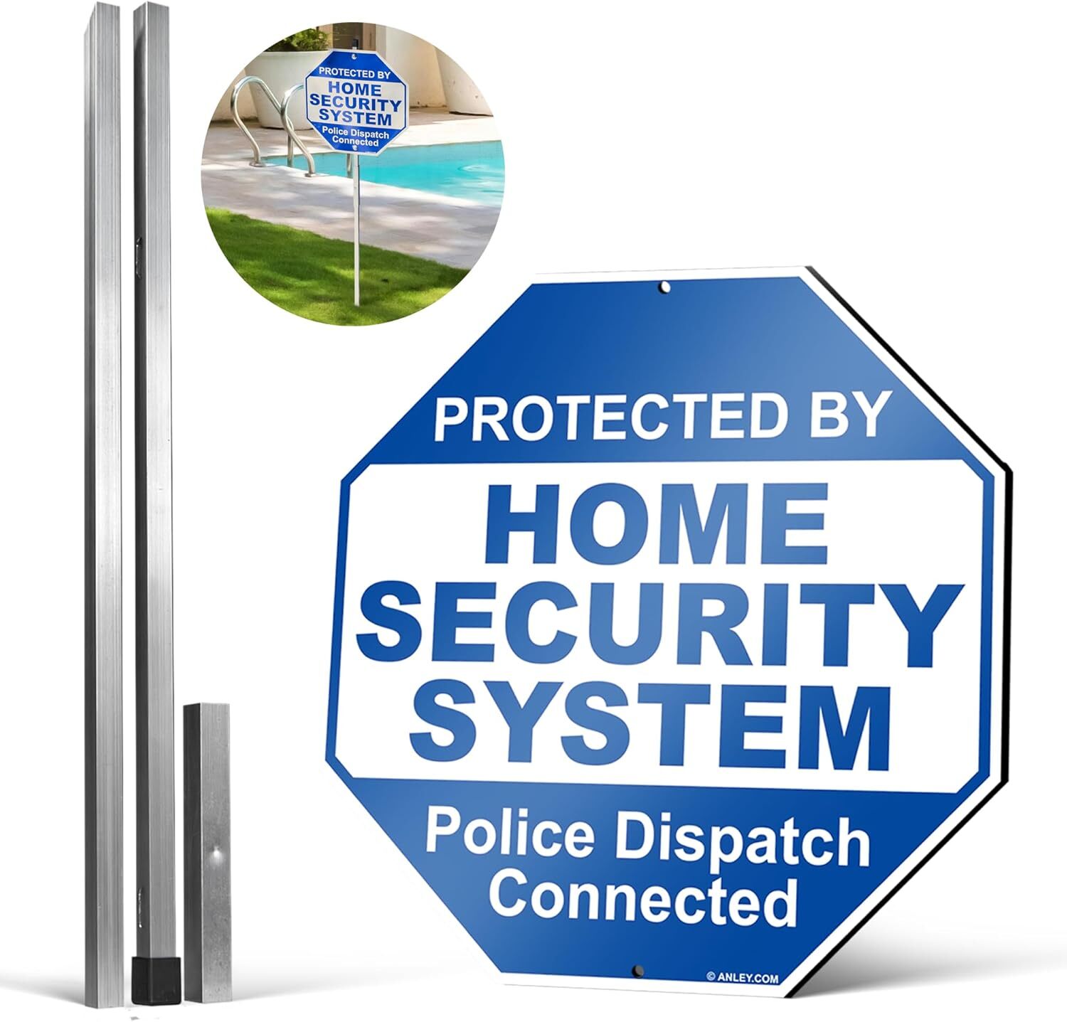 Anley Aluminum Protected By Home Security System Yard Sign 10x10 & Ground Stake Anley Aluminum Protected By Home Security System Yard Sign 10x10 & Ground Stake
