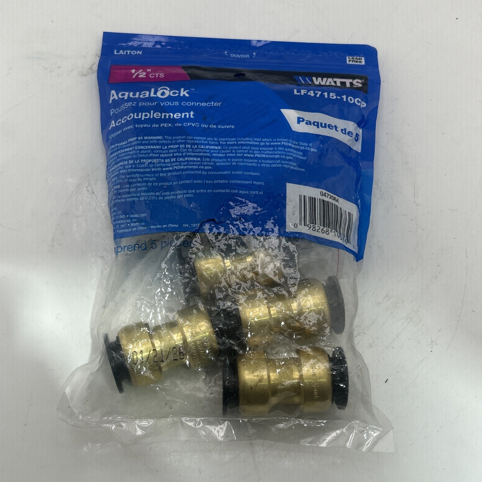 Watts AquaLock Push To Connect Couplings 5 Pack LF4715-10CP