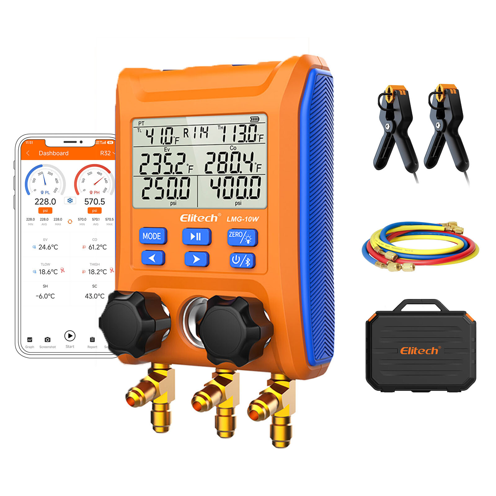 Elitech Digital Manifold Gauge 2-Way Valve AC Gauge LMG-10W App Control w/Hoses Elitech Digital Manifold Gauge 2-Way Valve AC Gauge LMG-10W App Control w/Hoses