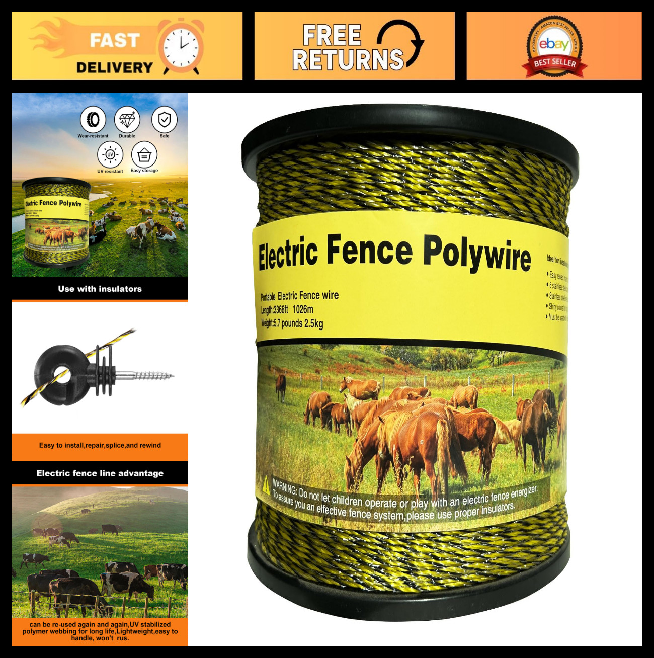 Portable Electric Fence Polywire 3366ft 1/8 Portable Electric Fence Polywire 3366ft 1/8