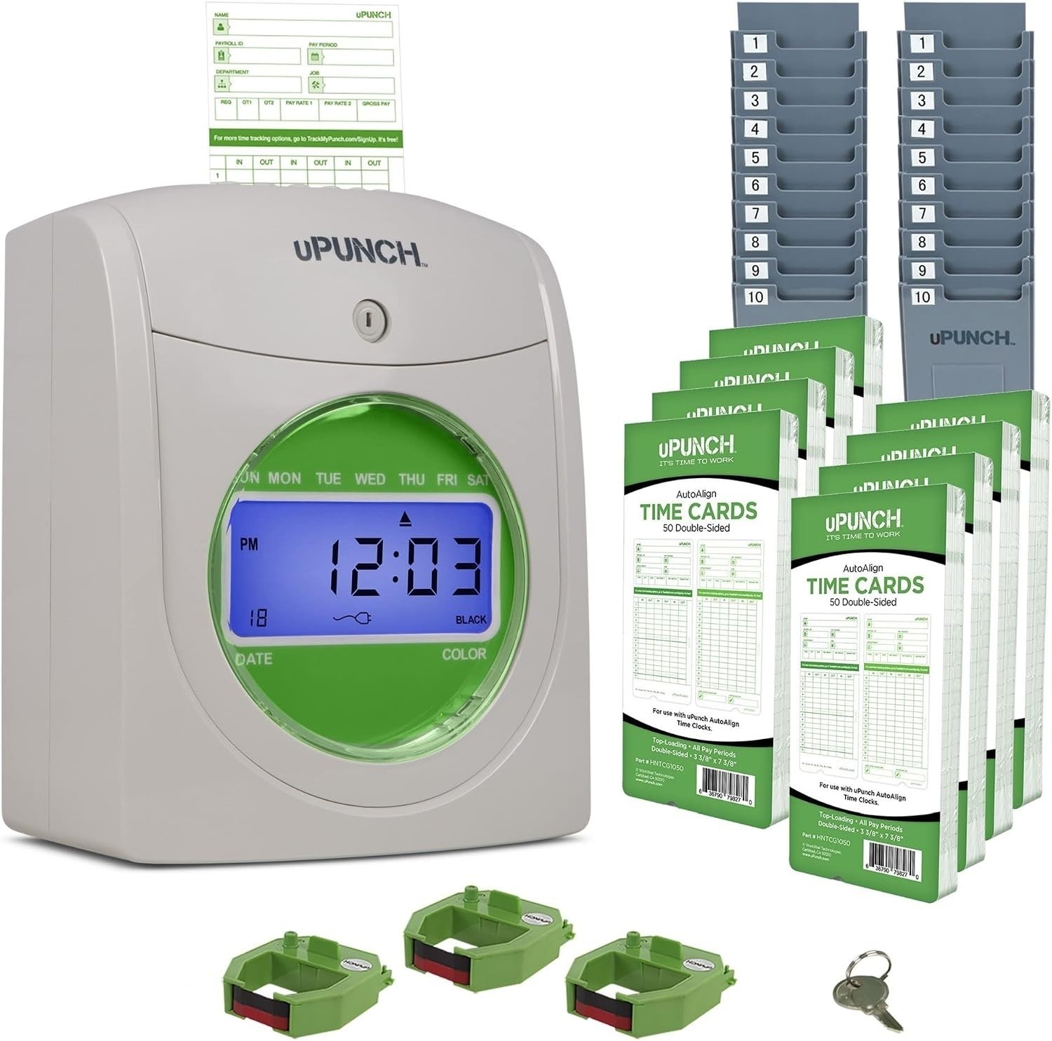 uPunch HN3540 Complete AutoAlign Time Clock Kit 400 Cards 4 Ribbons 2 Racks