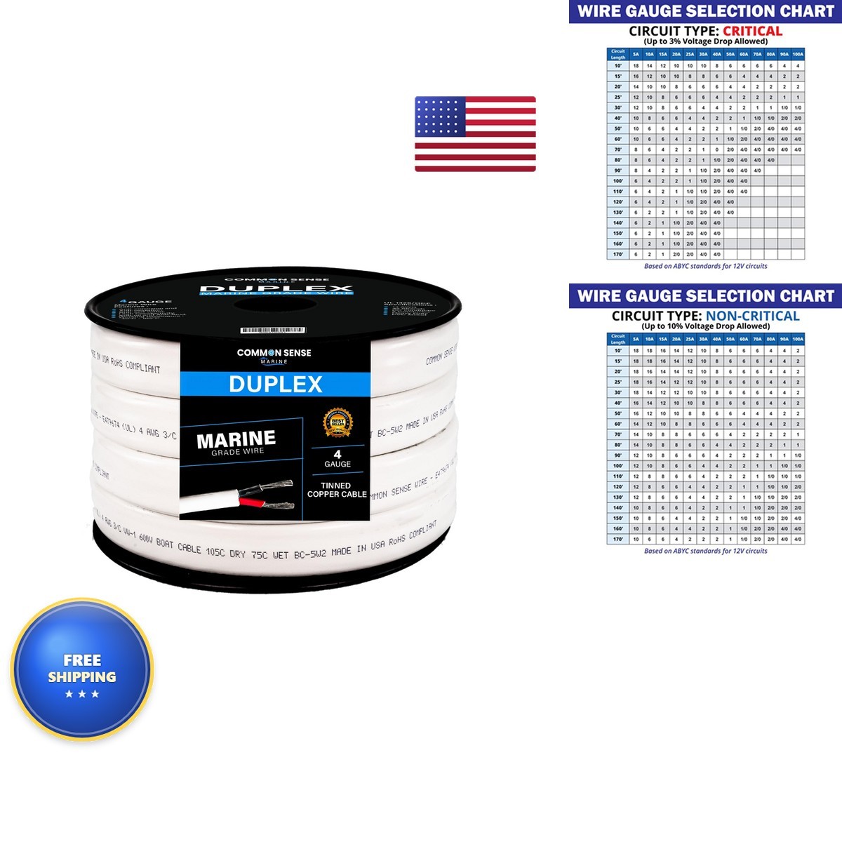 4/2 AWG 2 Conductor Marine Wire - 30 ft Tinned Copper Duplex Flat for Boat