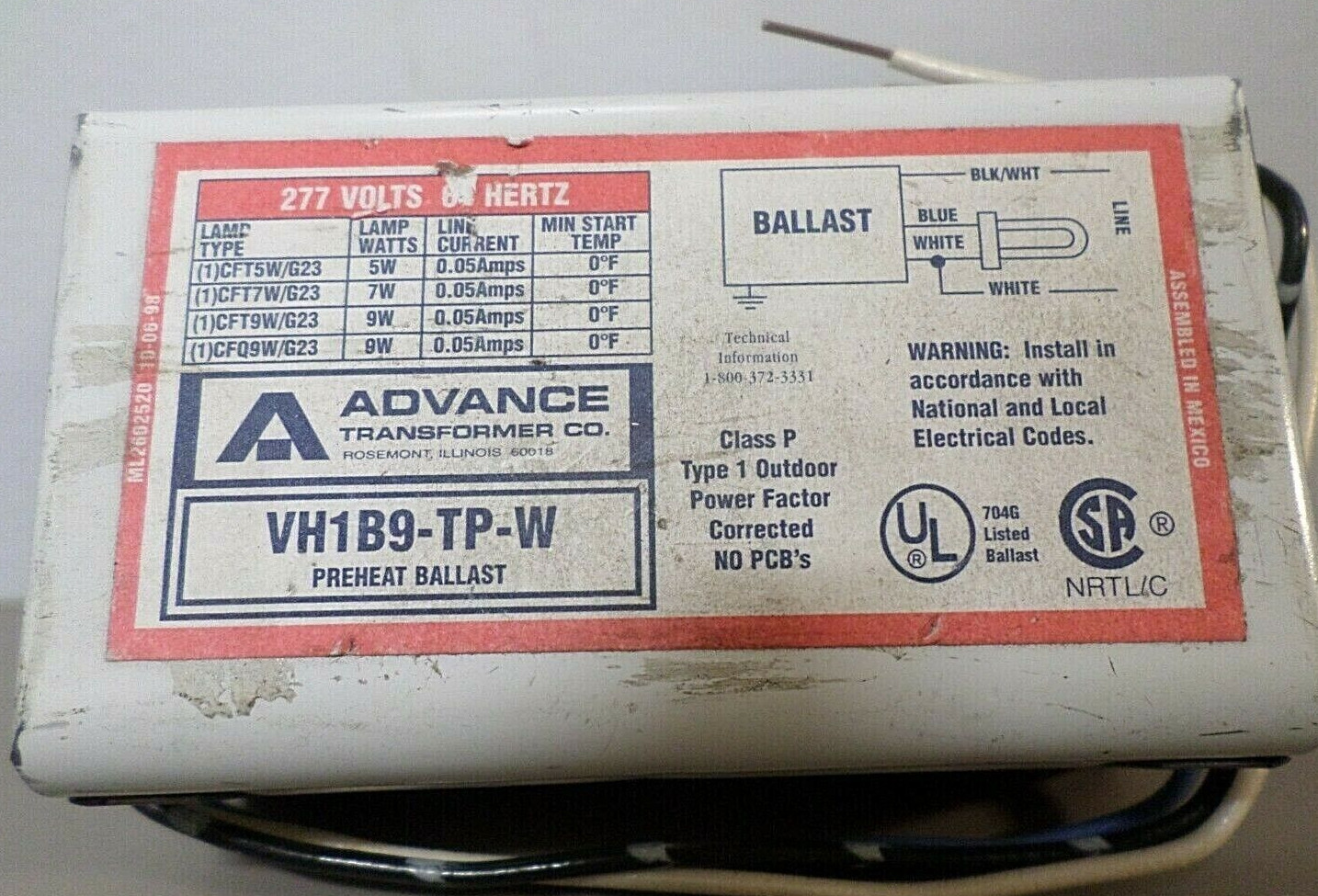 Advance Preheat Ballast VH1B9-TP-W 277V 13W Type 1 Outdoors No PCB's