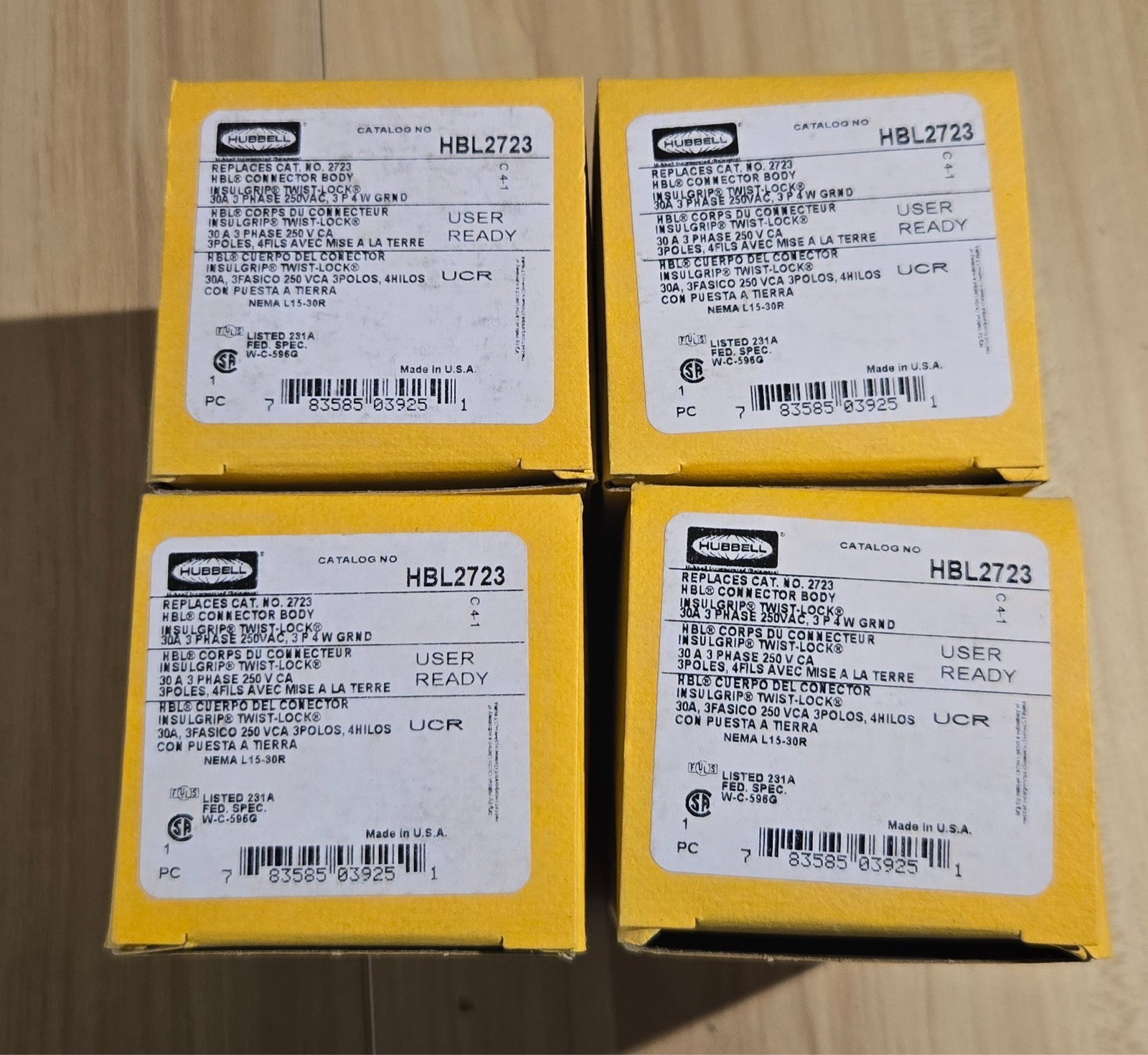 NEW Lot of 4 Hubbell HBL2723 Twist-Lock Insulgrip Connector 30A 3-Phase 250V L15