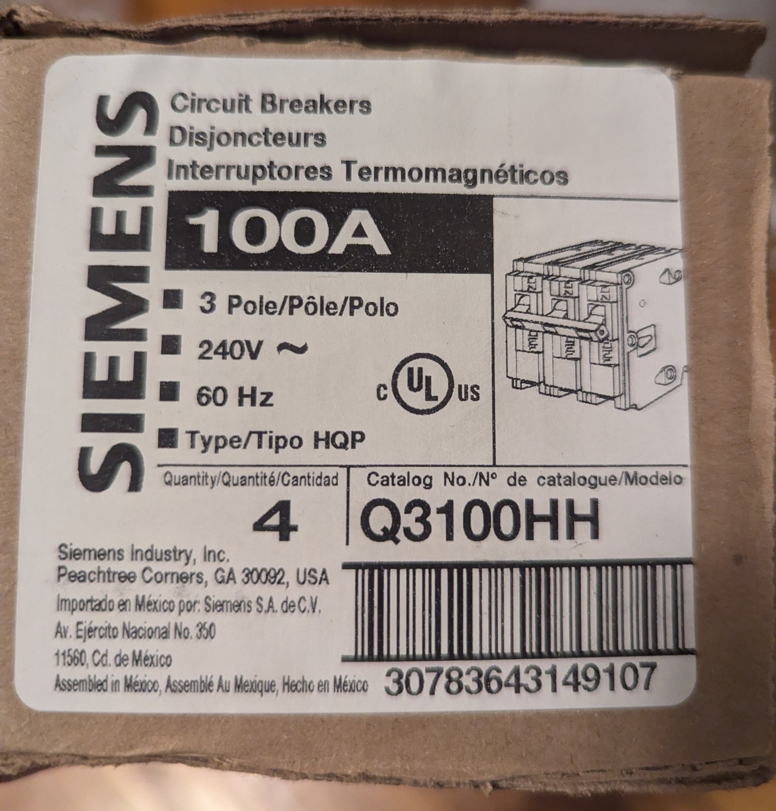 Q3100HH - Siemens 100 Amp 3 Pole 240VAC Type HQP Molded Case Circuit Breaker, Bo Q3100HH - Siemens 100 Amp 3 Pole 240VAC Type HQP Molded Case Circuit Breaker, Bo