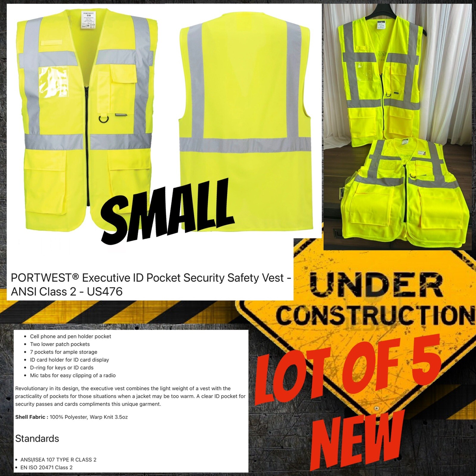 PORTWEST EXECUTIVE SAFETY VEST SIZE S US476 HI VIS YELLOW LOT X5 CLASS 2 POCKETS PORTWEST EXECUTIVE SAFETY VEST SIZE S US476 HI VIS YELLOW LOT X5 CLASS 2 POCKETS