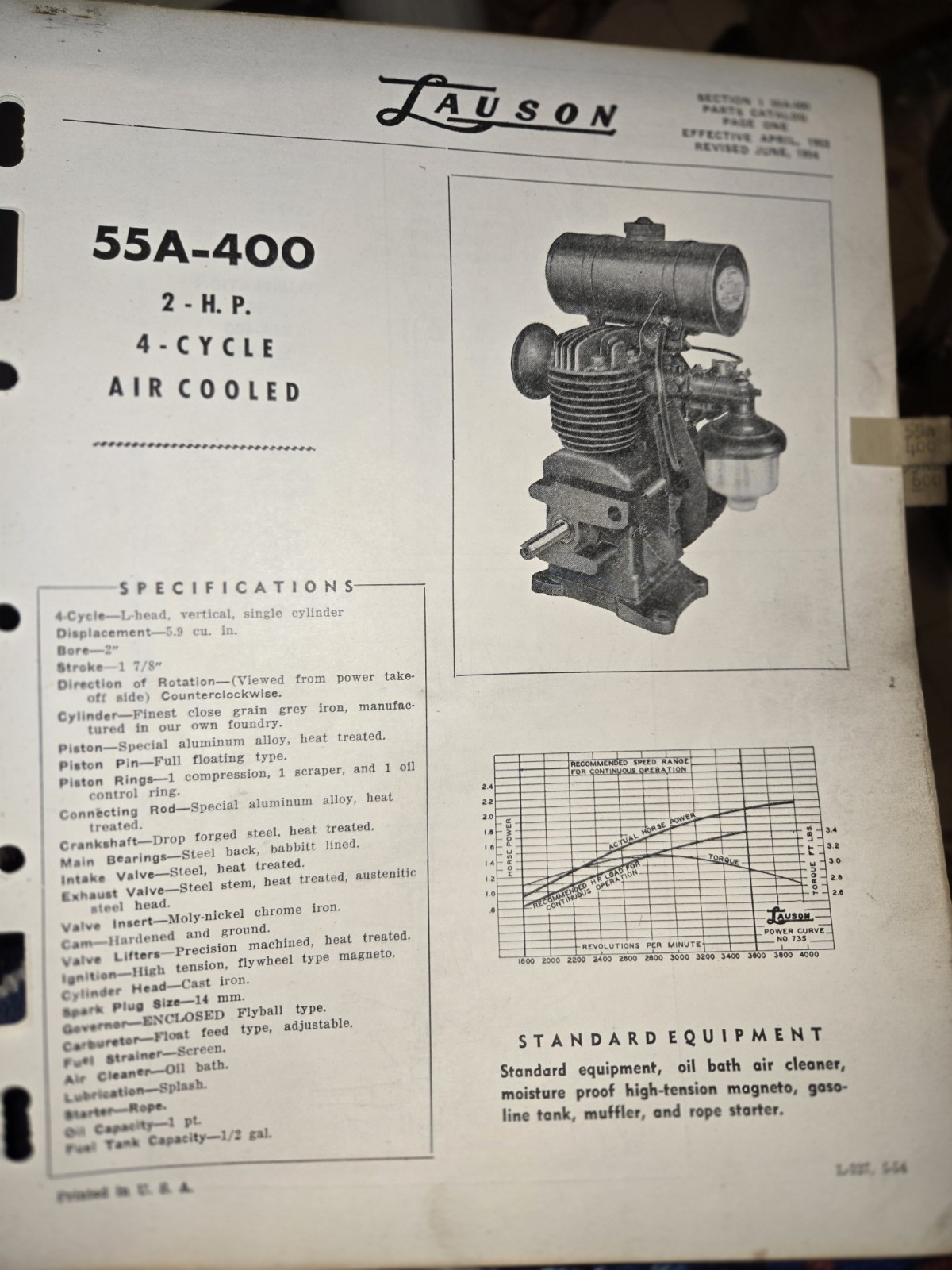 Lauson 2 h.p. 55A-400 Horizontal 4-Cycle Gas Engine Parts Catalog Manual 1954 Lauson 2 h.p. 55A-400 Horizontal 4-Cycle Gas Engine Parts Catalog Manual 1954