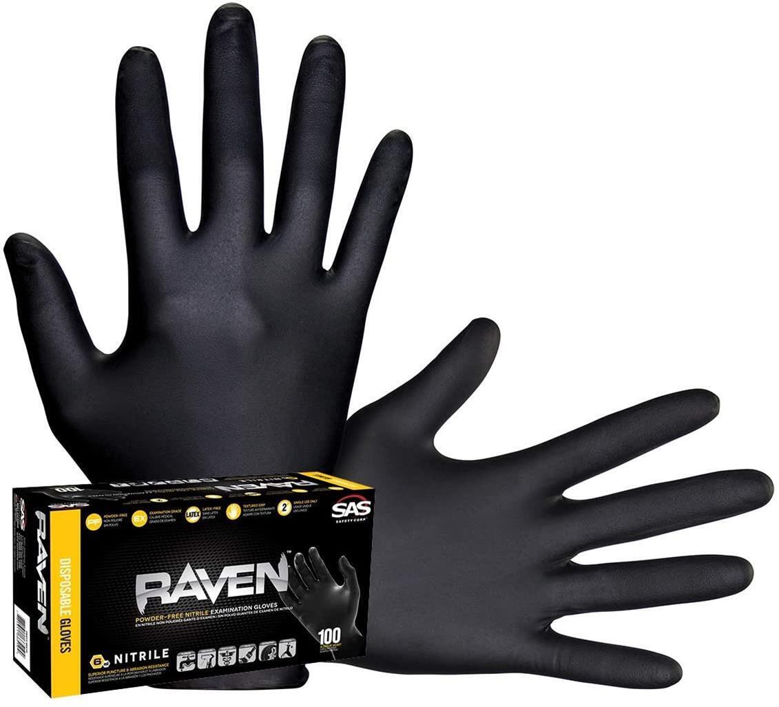 SAS RAVEN Black Nitrile Gloves Powder & Latex Free NEW 7mil Version 100/BX SM-2X