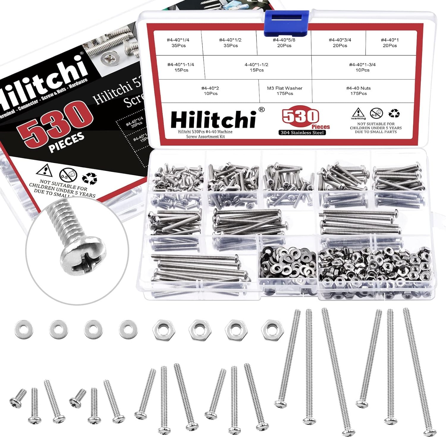 530Pcs #4-40 Machine Screw Assortment Kit, Stainless Steel with Case