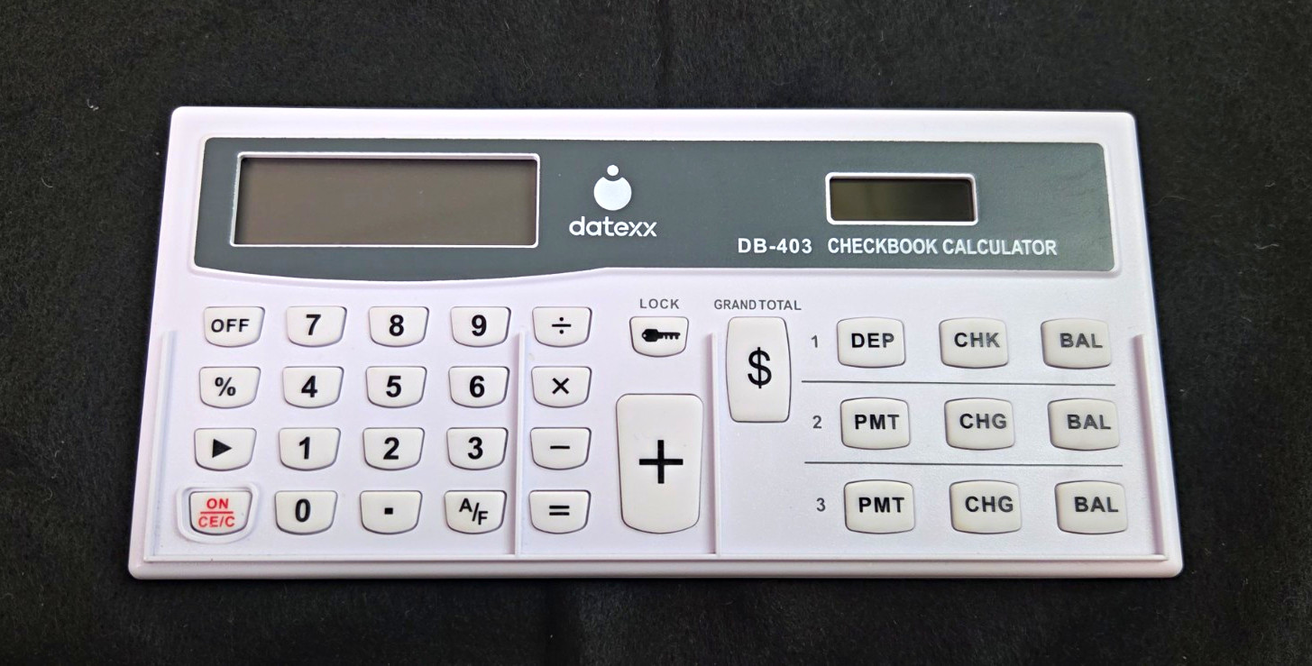 Datexx DB-403 3-Memory Electronic Checkbook Calculator & Account Tracker - White