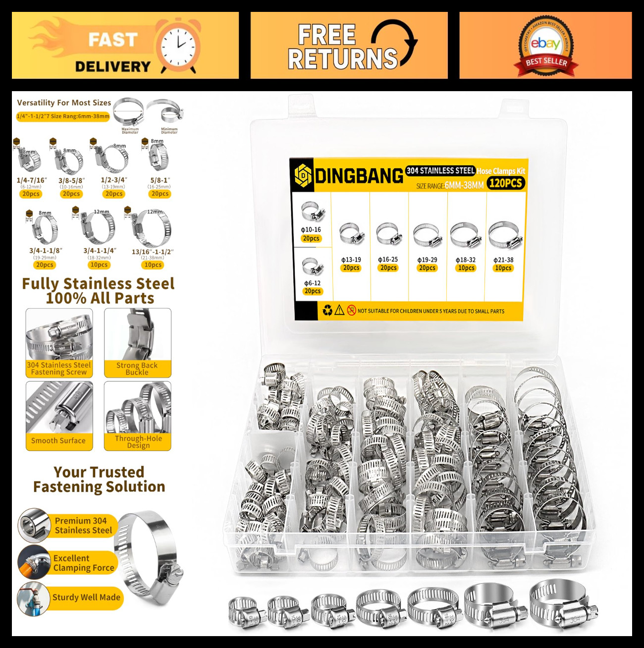 Hose Clamp Assortment Kit - 120 Pcs Adjustable 1/4''-1-1/2'' Stainless Steel for Hose Clamp Assortment Kit - 120 Pcs Adjustable 1/4''-1-1/2'' Stainless Steel for