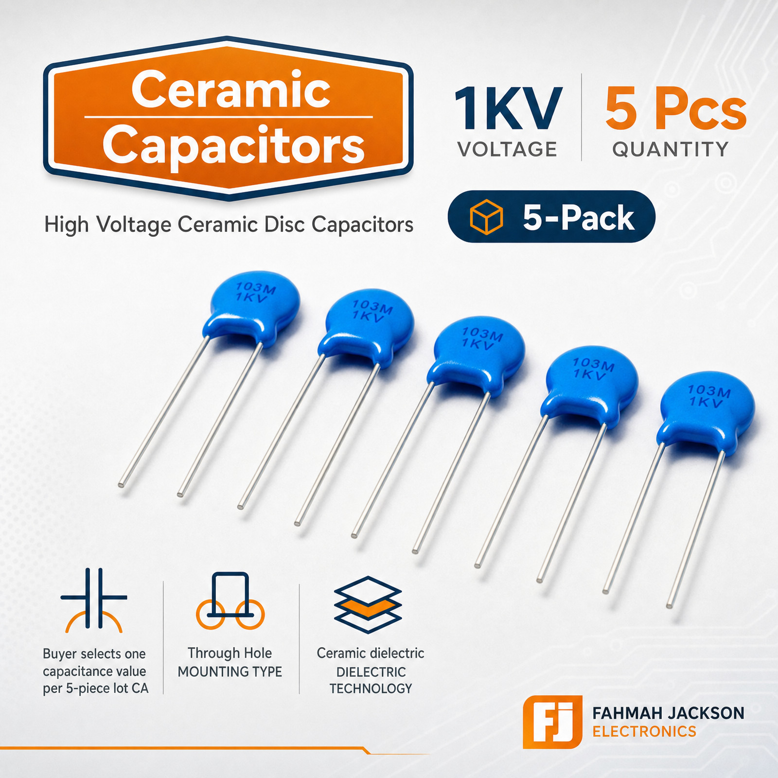 High Voltage Ceramic Disc Capacitors Radial Lead 5-Pack Select Capacitance High Voltage Ceramic Disc Capacitors Radial Lead 5-Pack Select Capacitance