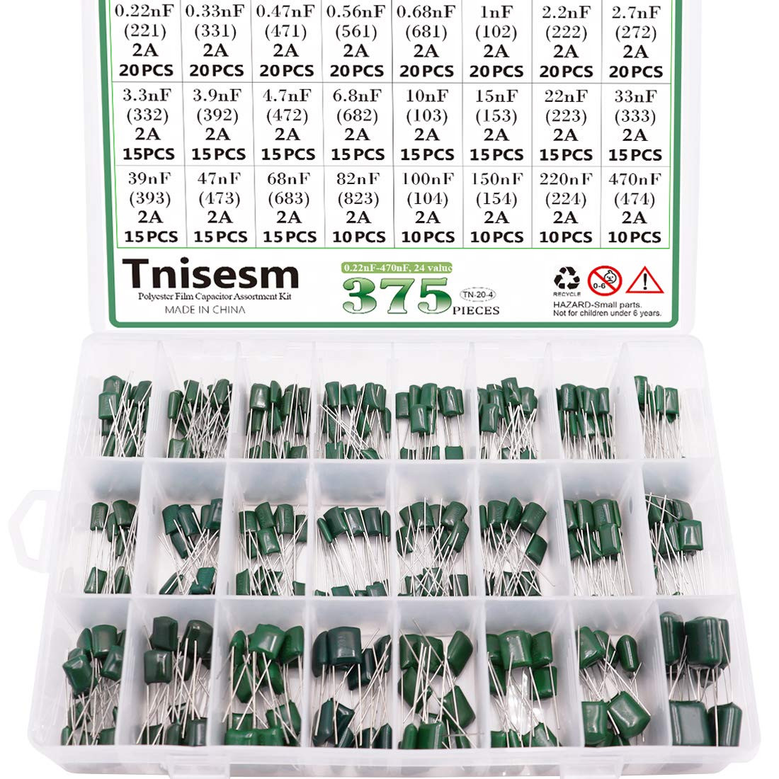 375 Pcs 24 Value Metalized Mylar Polyester Film Capacitors Assortment