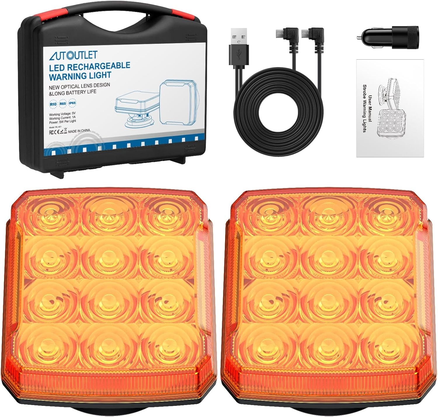 Rechargeable Amber Flashing Lights LED Truck Bus Magnetic Warning Strobe Hazard