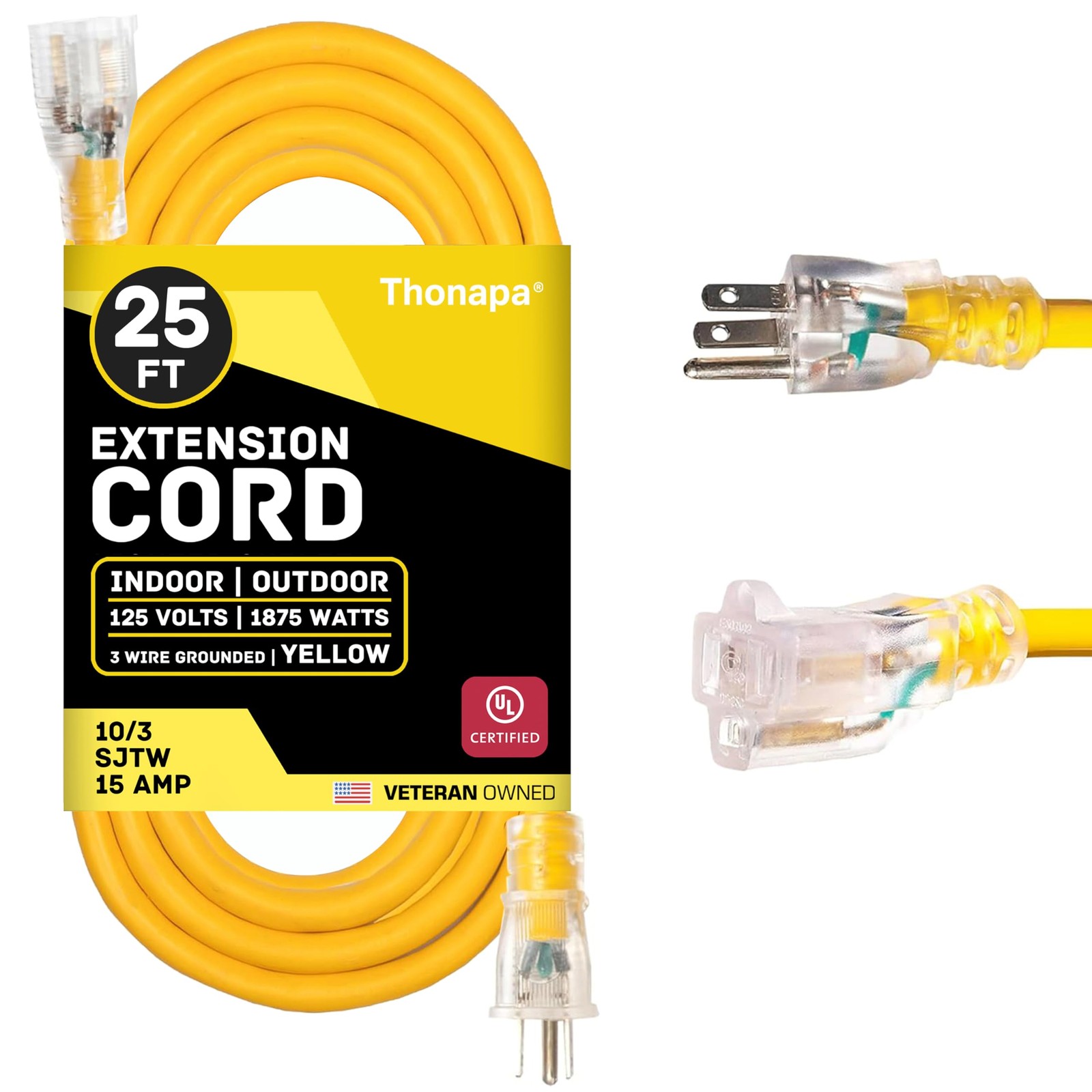 25 Foot Lighted Outdoor Extension Cord - 10/3 SJTW Yellow 10 Gauge Cable with 3 25 Foot Lighted Outdoor Extension Cord - 10/3 SJTW Yellow 10 Gauge Cable with 3