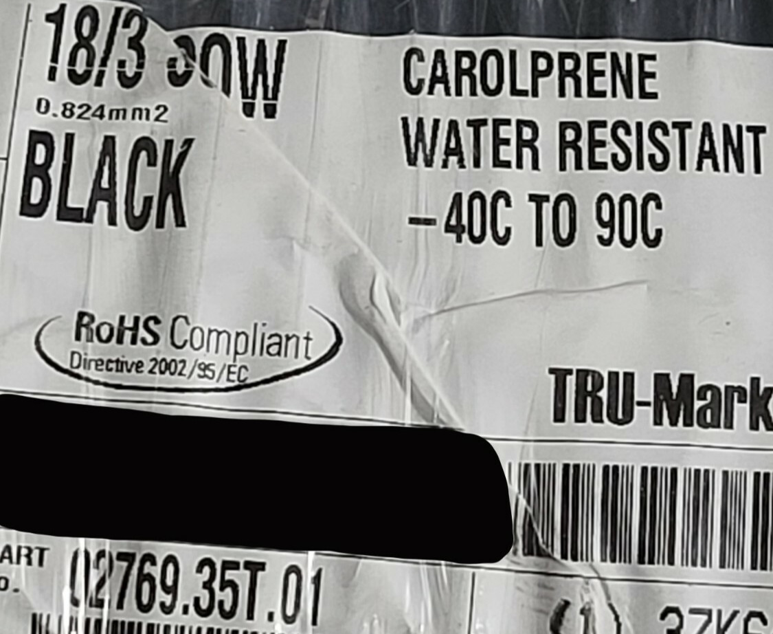 Carol 02769 18/3C Carolprene SOOW 600V 90C Portable Power Cable Cord Black/25ft