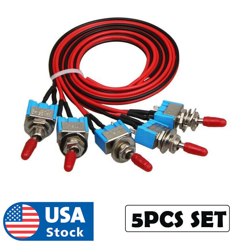 5PCS SET SPST Mini Toggle Switch Wires On/Off Metal Small Automotive Car Truck