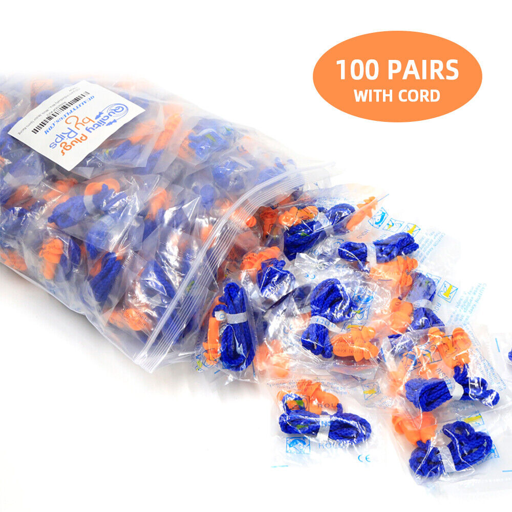 100 Pair Corded Ear Plugs Reusable Silicone for Noise Reduction Shooting NRR28dB