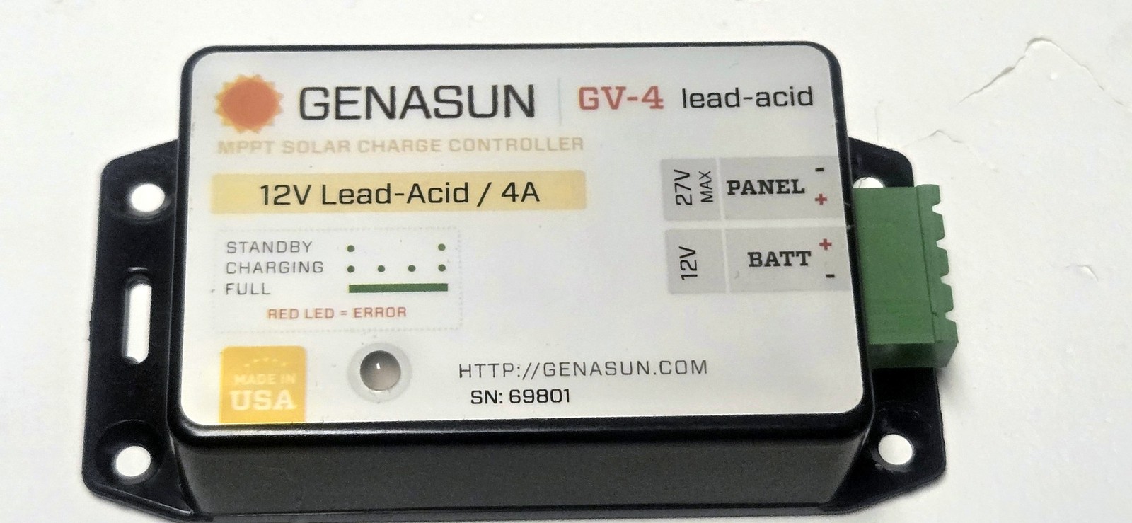 Genasun GV-4P-PB-12V 4 amp MPPT 12V Charger For Lead Acid Batteries Genasun GV-4P-PB-12V 4 amp MPPT 12V Charger For Lead Acid Batteries