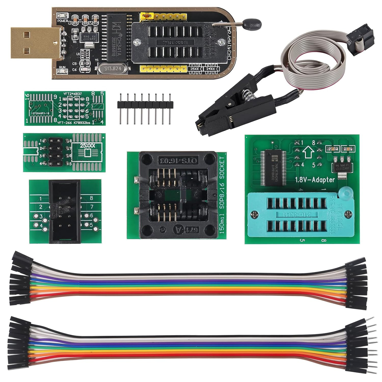 EEPROM BIOS USB Programmer CH341A + SOIC8 SOP8 Test Clip + 1.8V Adapter + SOIC8