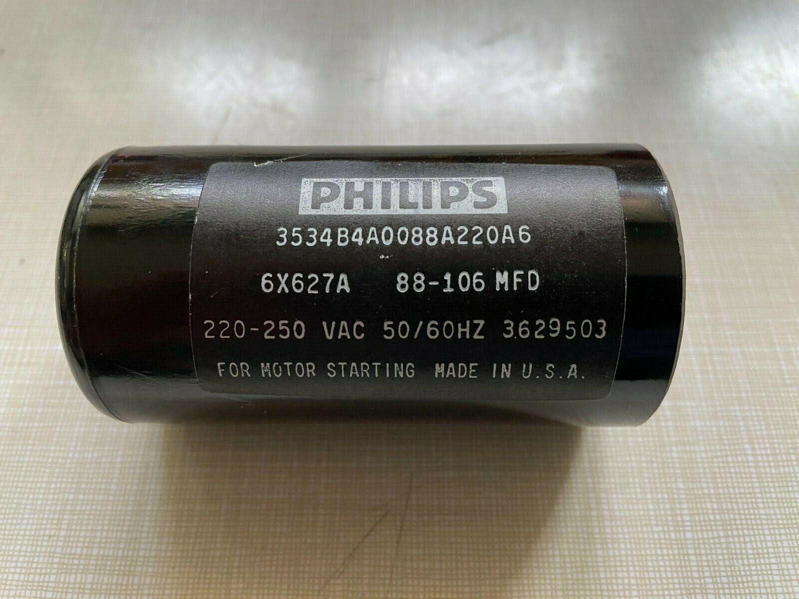 MOTOR START CAPACITOR, 88-106 MFD uF 220-250VAC Philips 6X627A Made in USA