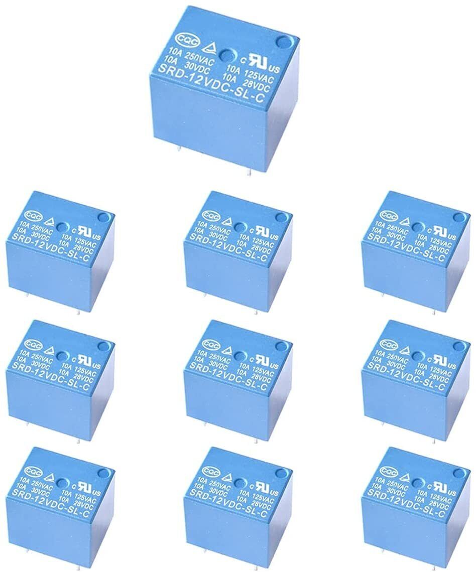 10pcs Relay Switch SRD-12VDC-SL-C 5 Pins 12 V DC PCB Mini Type SPDT 10A Blue 12V