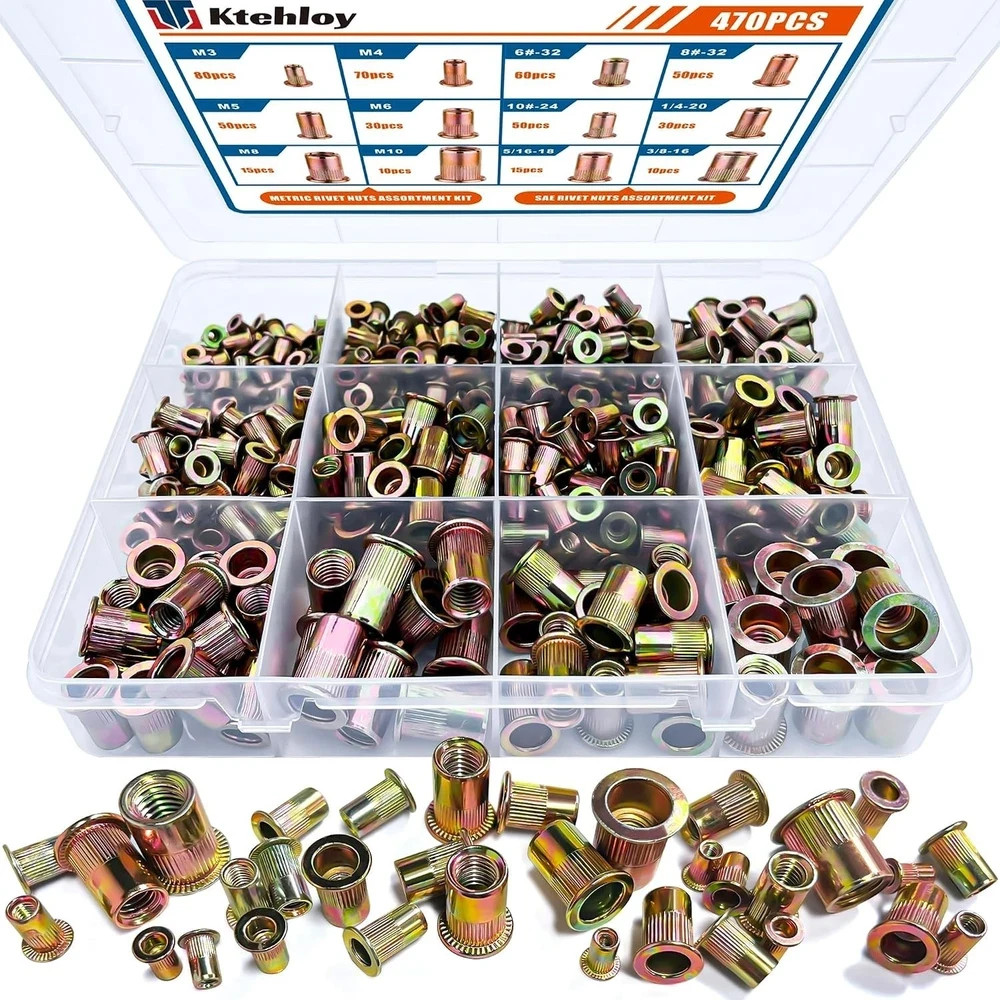 470Pcs SAE & Metric UNC Rivet Nut,Zinc Plated Carbon Steel Rivnut Threaded Inser 470Pcs SAE & Metric UNC Rivet Nut,Zinc Plated Carbon Steel Rivnut Threaded Inser