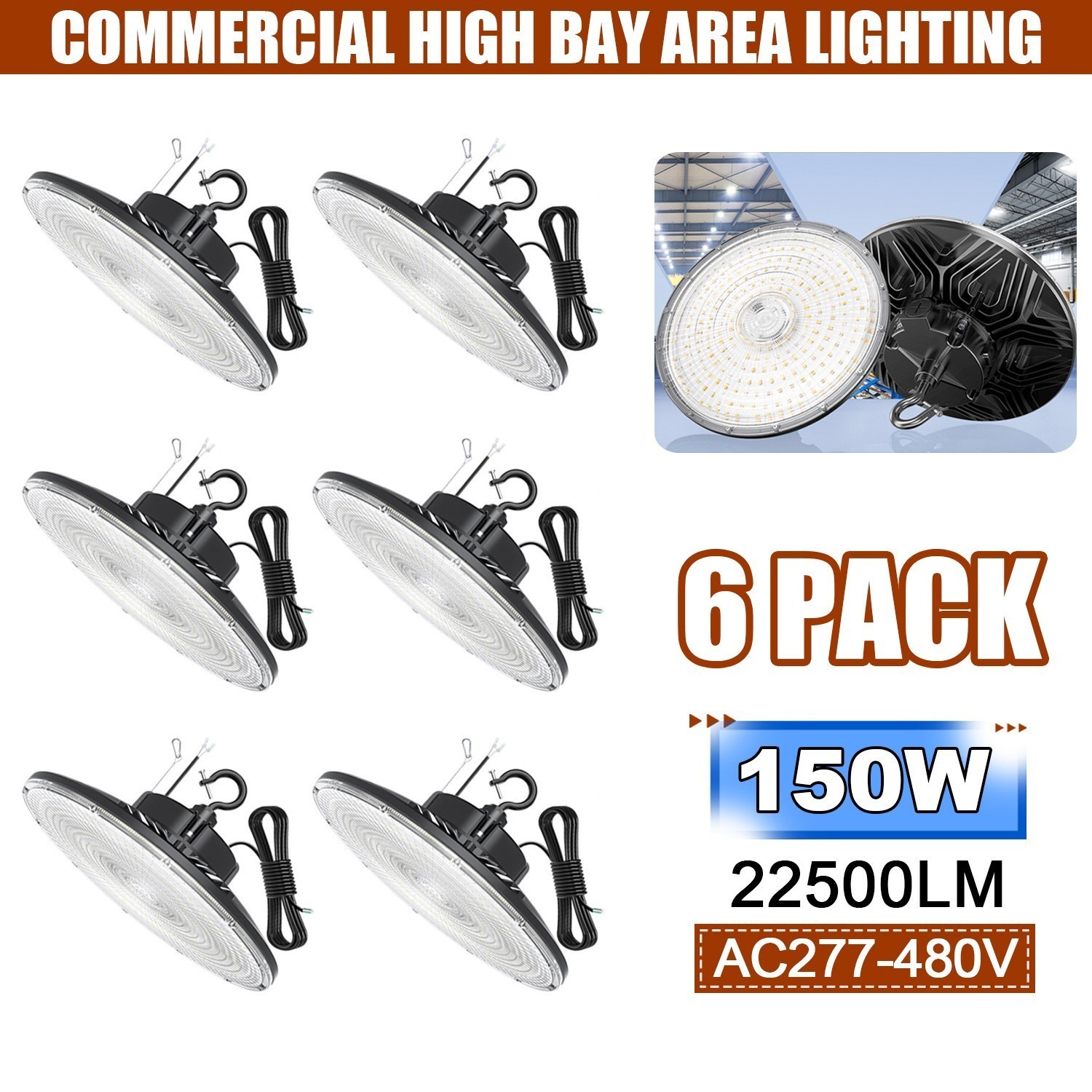 6Pack 480V UFO LED High Bay Light 150W 0-10V Dimmable 5000K for Workshop Factory 6Pack 480V UFO LED High Bay Light 150W 0-10V Dimmable 5000K for Workshop Factory