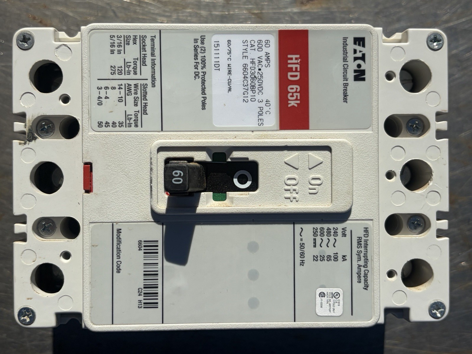 Eaton Cutler Hammer HFD3060BP10 HFD 65K Molded Case Circuit Breaker 60A 600V Eaton Cutler Hammer HFD3060BP10 HFD 65K Molded Case Circuit Breaker 60A 600V