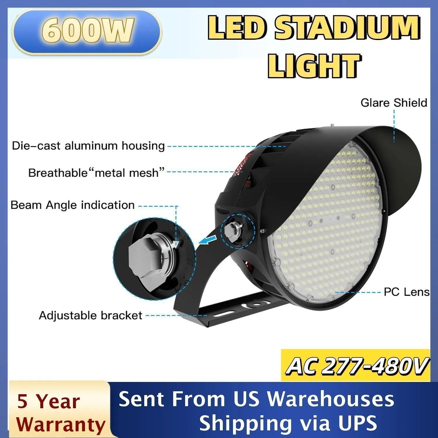 480V 600W Led Stadium Flood Light Outdoor 60° Beam Angle Basketball Court Lights