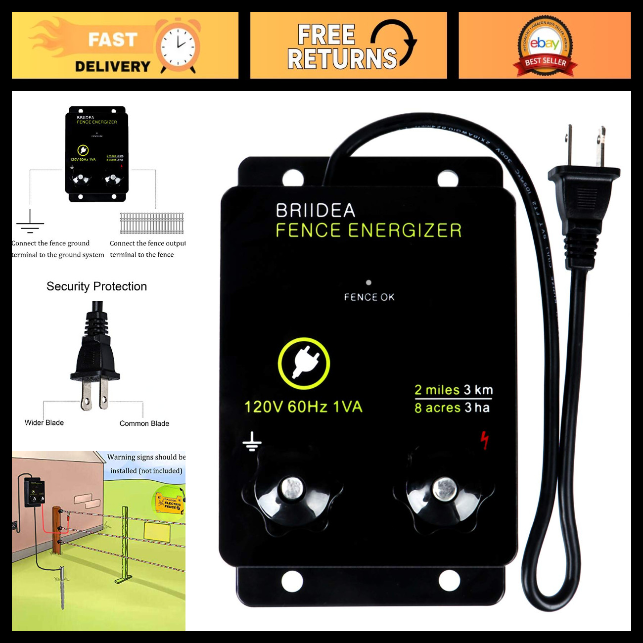 2-Mile Electric Fence Energizer for 8 Acres, 5000V Output, Wildlife Protection