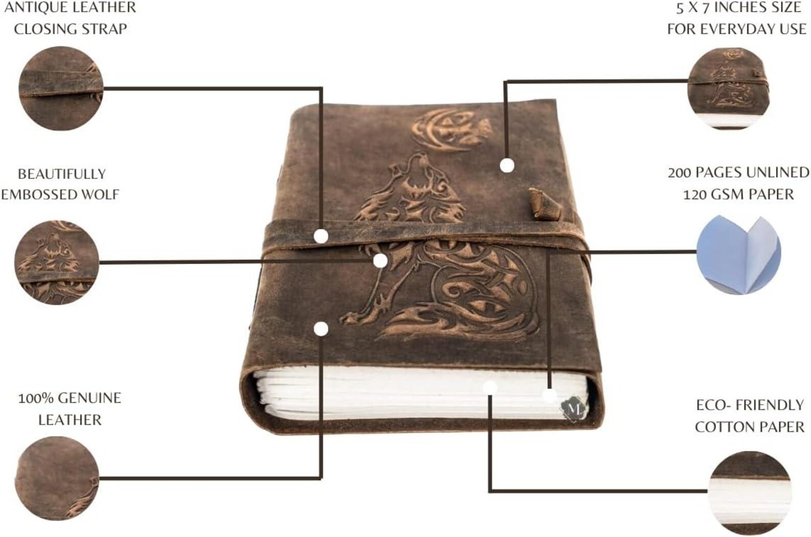 Vintage Wolf Leather Diary 7x5 Rustic Writing Journal 200 Pages Vintage Wolf Leather Diary 7x5 Rustic Writing Journal 200 Pages