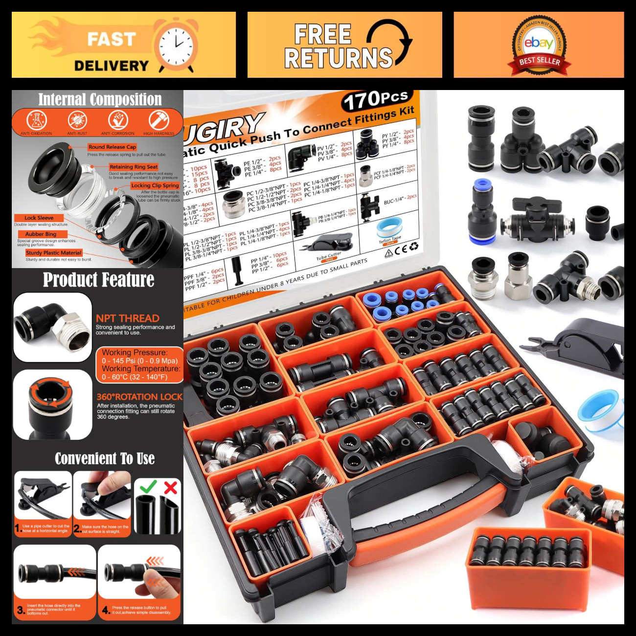 170Pcs Push-to-Connect Air Fittings Kit - 1/8
