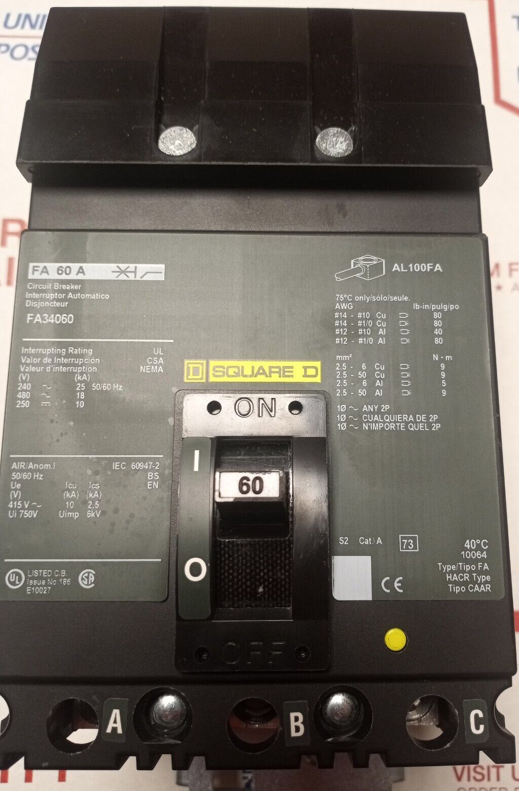 Square D FA34060 3 pole 480v 60 AMP I-Line Circuit Breaker NEW OPEN-BOX 