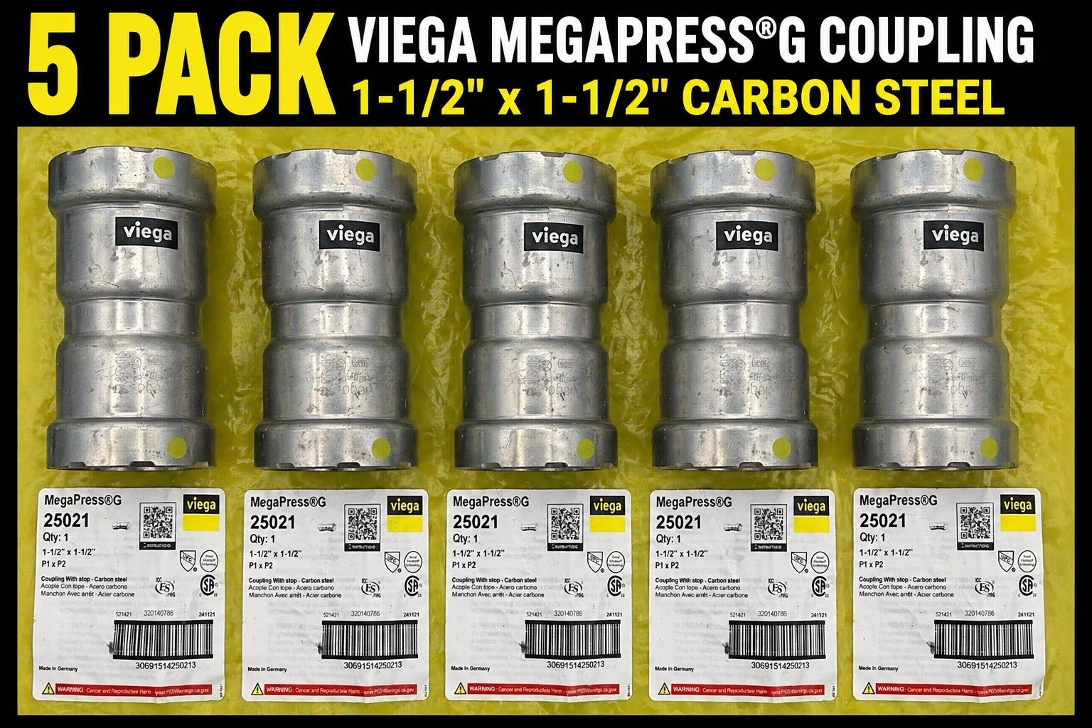 Viega 25021 MegaPress G Coupling w/ Stop Carbon Steel Fitting 1 1/2 X 1 1/2 5 Pk Viega 25021 MegaPress G Coupling w/ Stop Carbon Steel Fitting 1 1/2 X 1 1/2 5 Pk