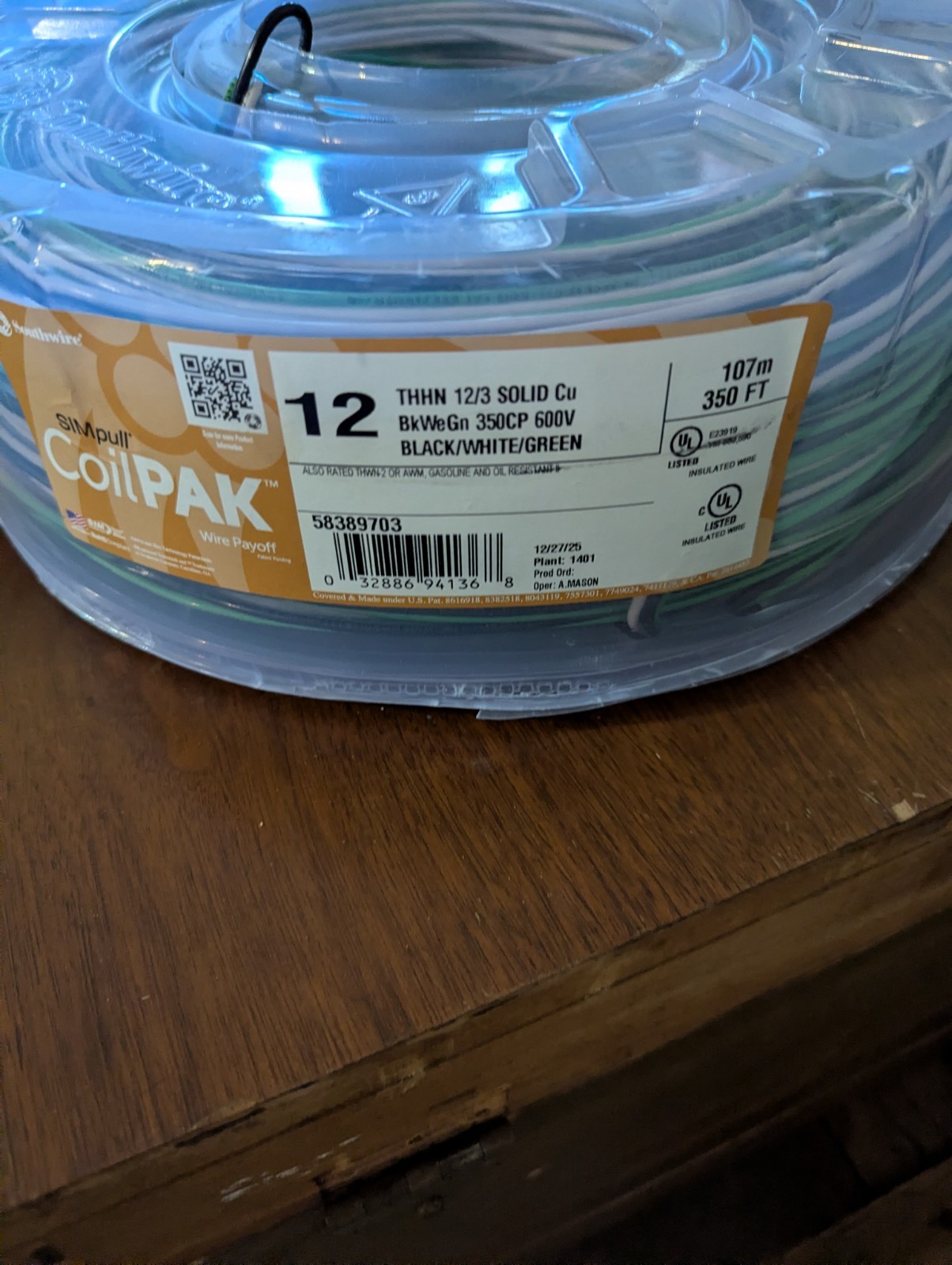 SOUTHWIRE 58389703 Wire,12AWG,THHN,Sld,Blk, Grn, Wht,350ft 38NF43 SOUTHWIRE 58389703 Wire,12AWG,THHN,Sld,Blk, Grn, Wht,350ft 38NF43