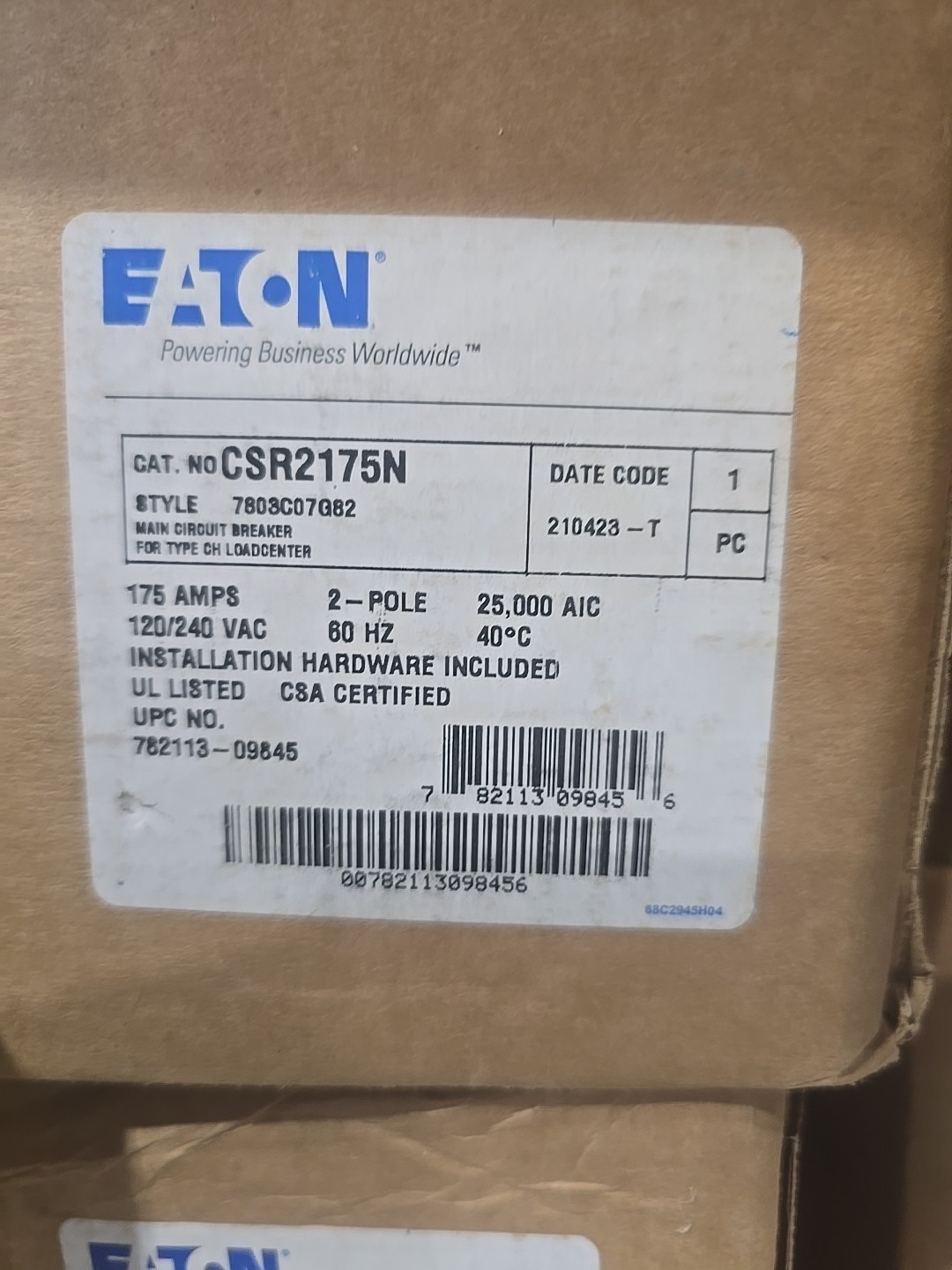 Eaton 120/240 V 175A Circuit Breaker - Black (CSR2175N) Eaton 120/240 V 175A Circuit Breaker - Black (CSR2175N)