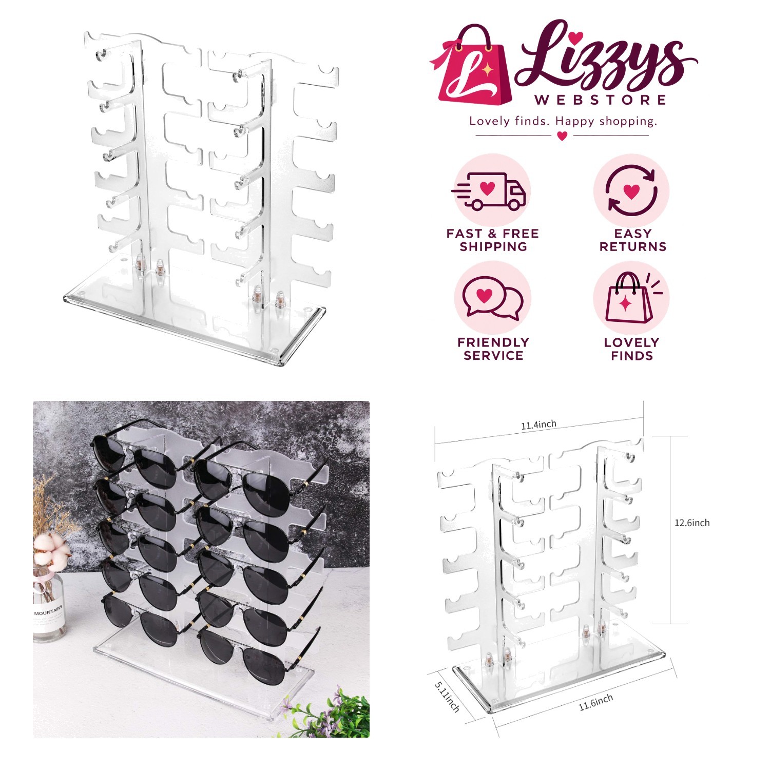 Elegant 2-Row Sunglasses Rack - Transparent Display Stand for 10 Pairs
